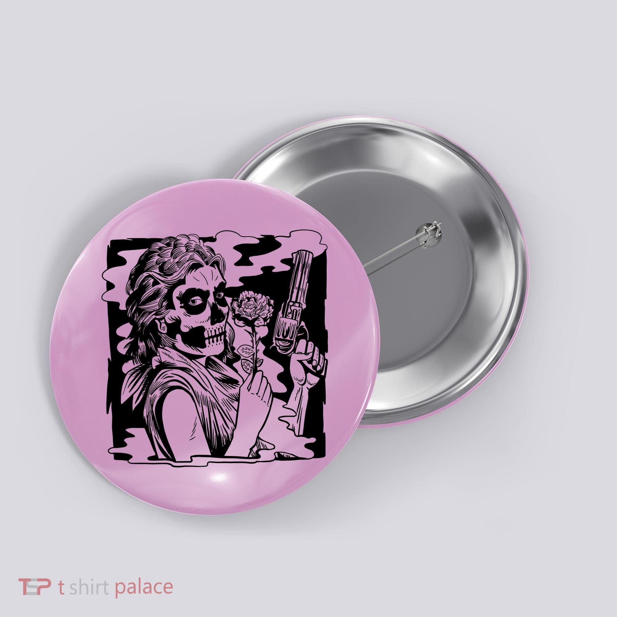 Gun And Roses Skull Girl Button
