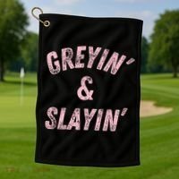 Greyin And Slayin Funny Grey Hair Workout Golf Towel thumb 1