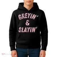 Greyin And Slayin Funny Grey Hair Workout Kids Hoodie thumb 4