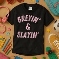 Greyin And Slayin Funny Grey Hair Workout Kids T-Shirt thumb 3