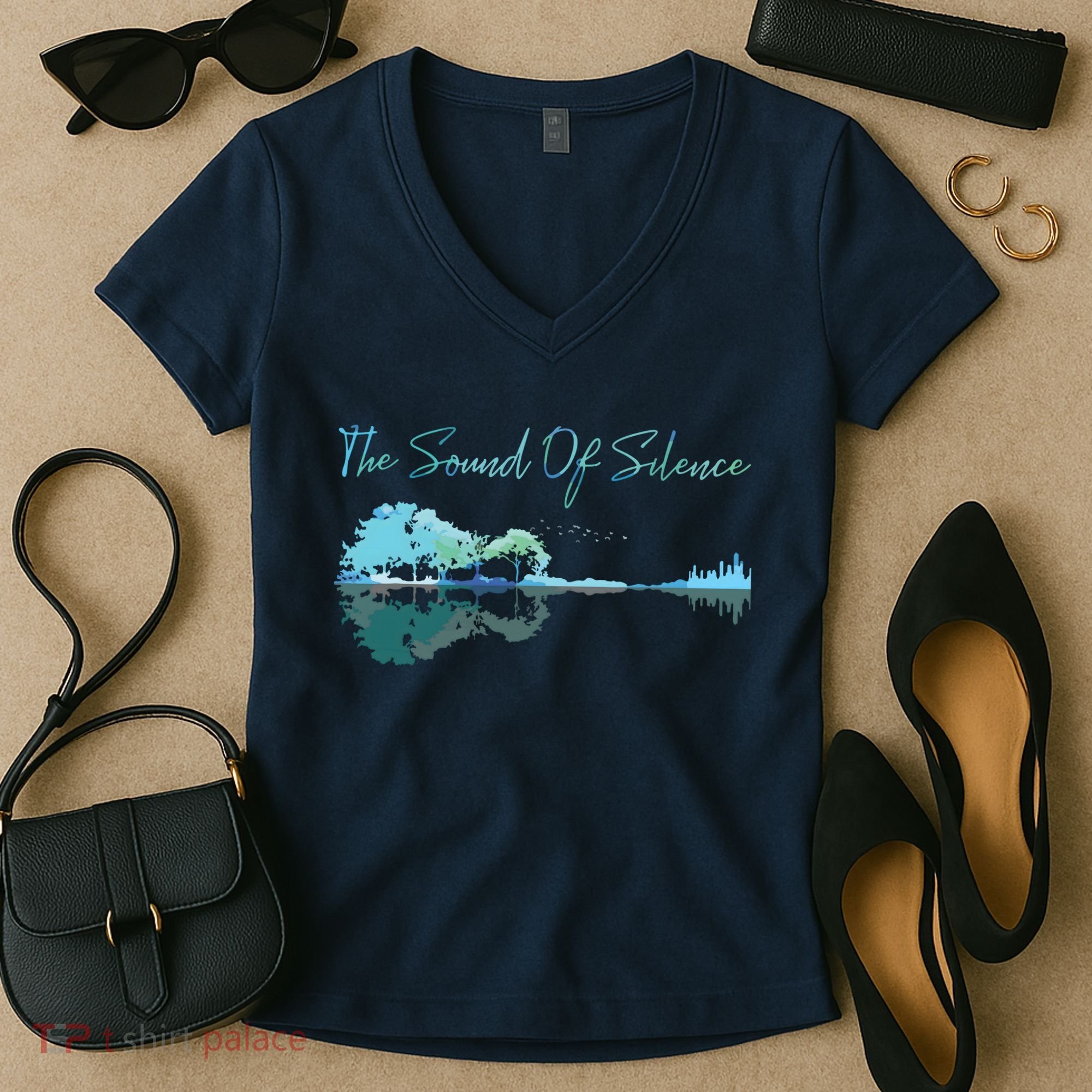 Guitar Artwork The Sound Of Silence Nature Guitar Mixed Women's V-Neck T-Shirt