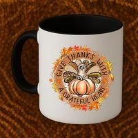 Give A Thanks With Grateful Heart Thanksgiving Thankful Turkey Coffee Mug thumb 2