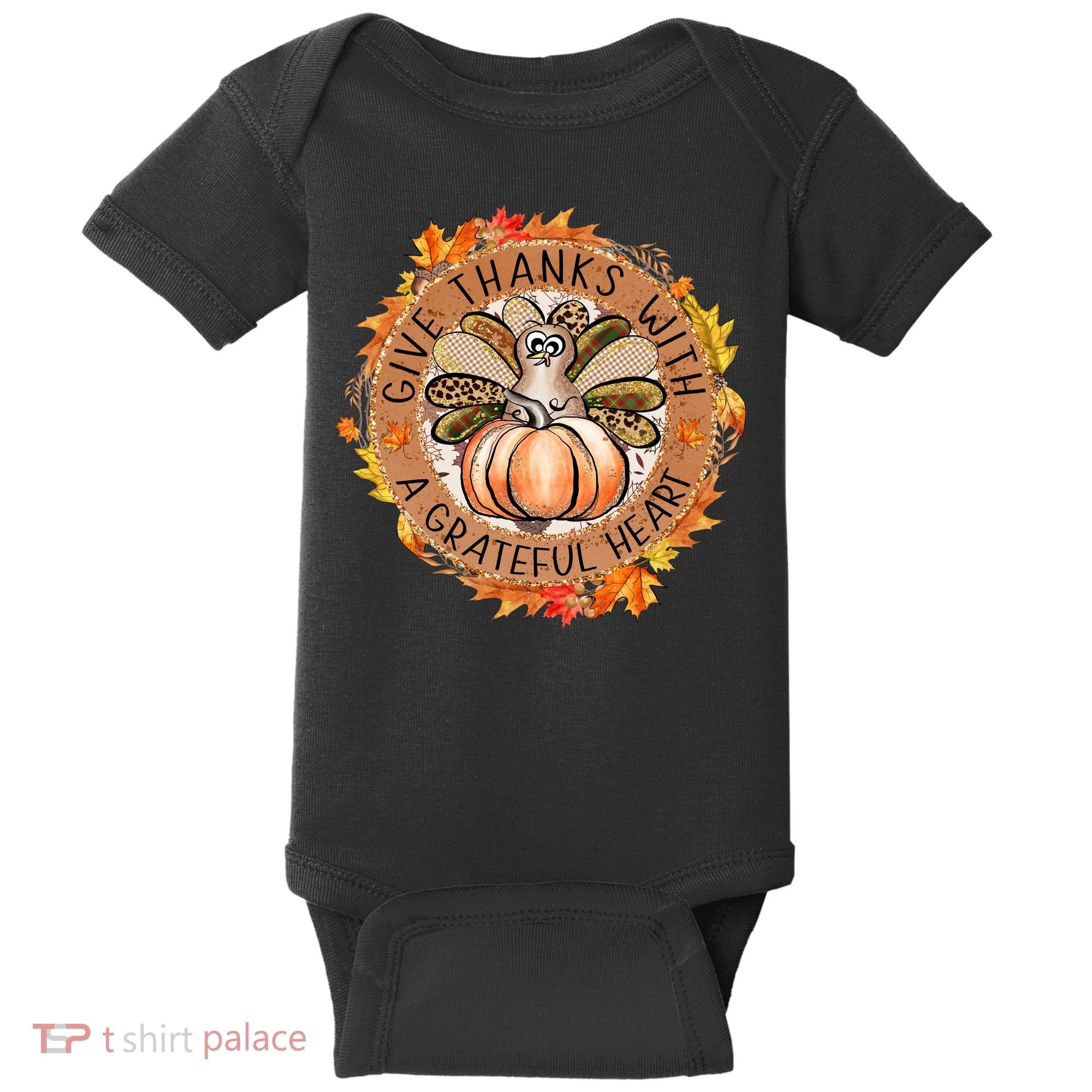 Give A Thanks With Grateful Heart Thanksgiving Thankful Turkey Baby Bodysuit