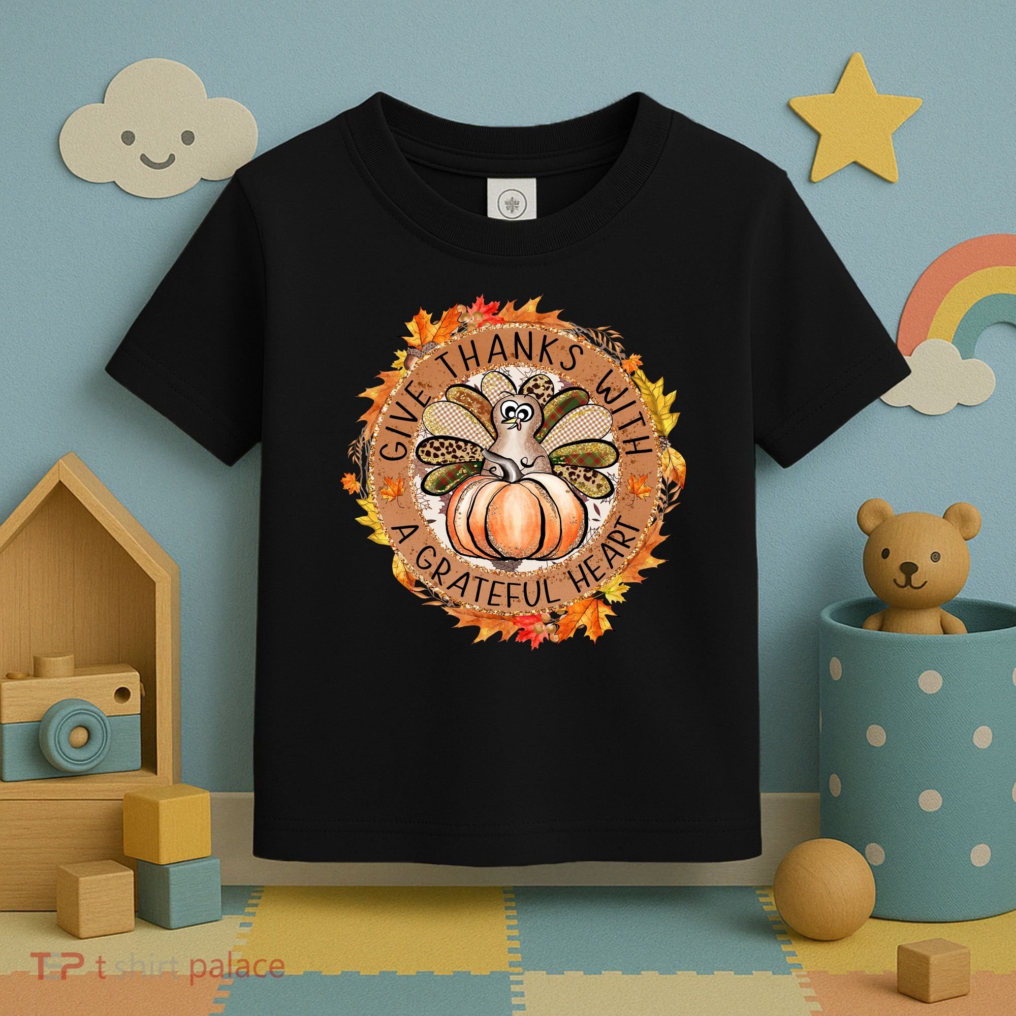 Give A Thanks With Grateful Heart Thanksgiving Thankful Turkey Toddler T-Shirt