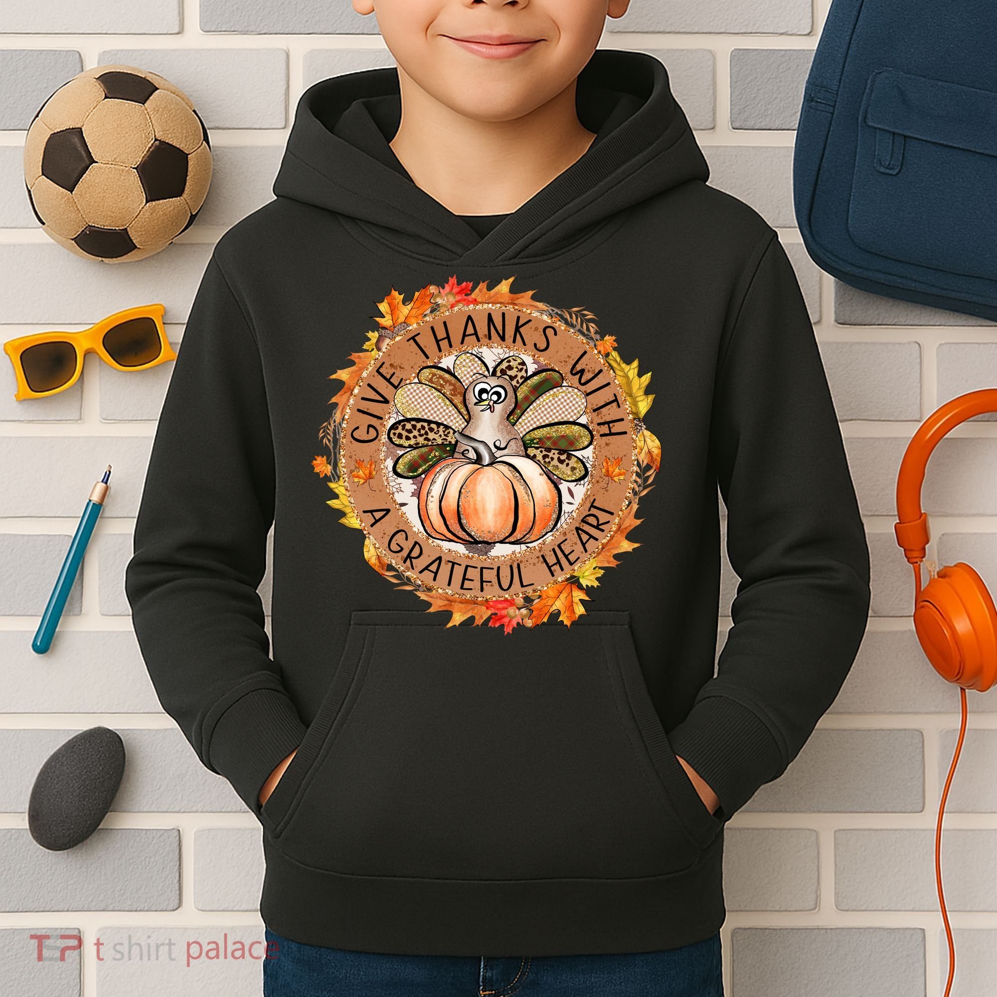 Give A Thanks With Grateful Heart Thanksgiving Thankful Turkey Kids Hoodie