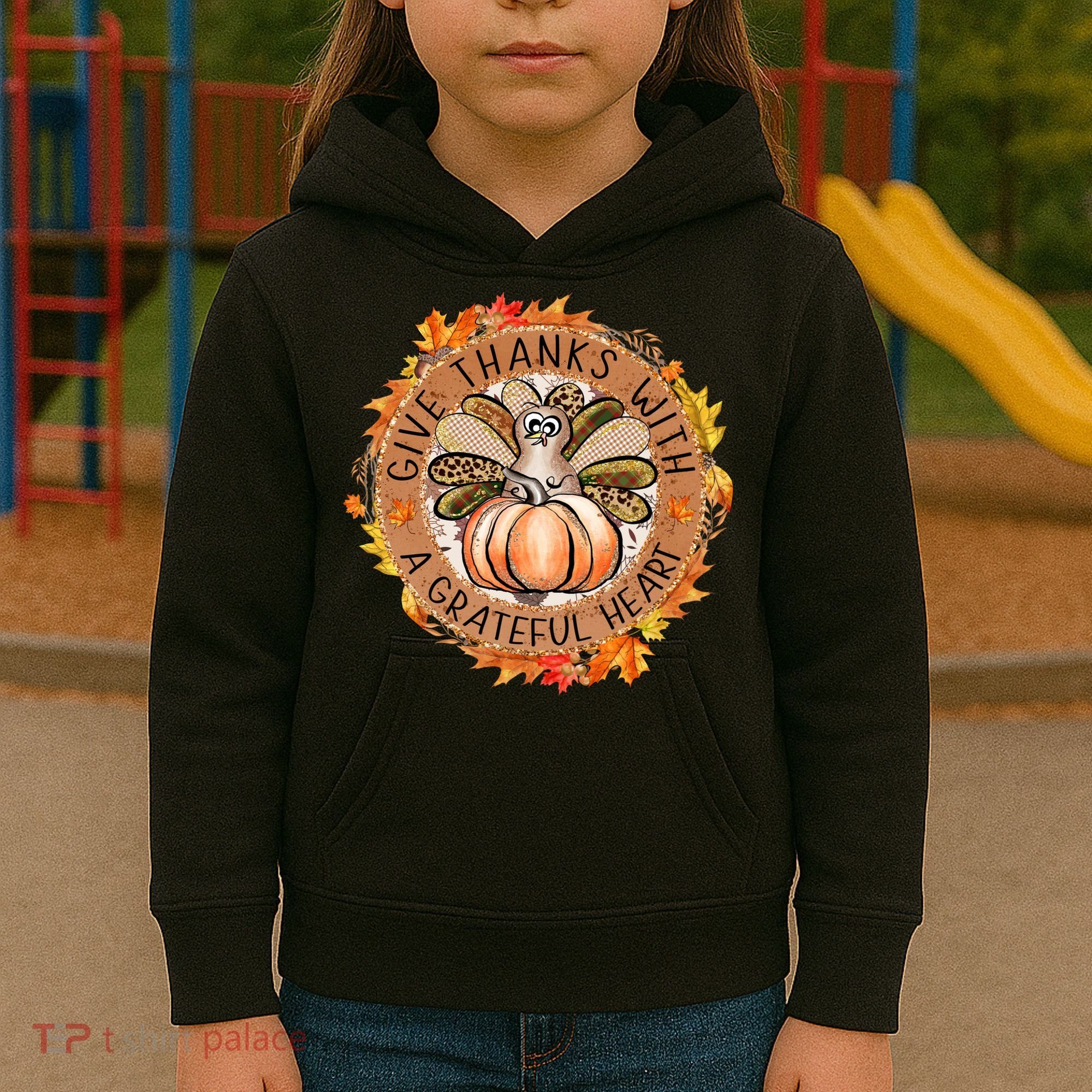 Give A Thanks With Grateful Heart Thanksgiving Thankful Turkey Kids Hoodie