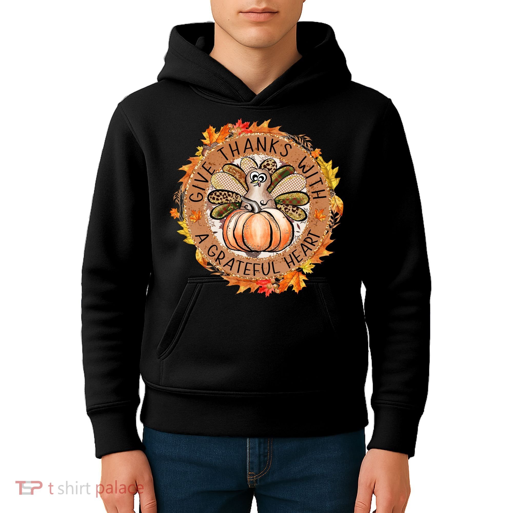 Give A Thanks With Grateful Heart Thanksgiving Thankful Turkey Kids Hoodie