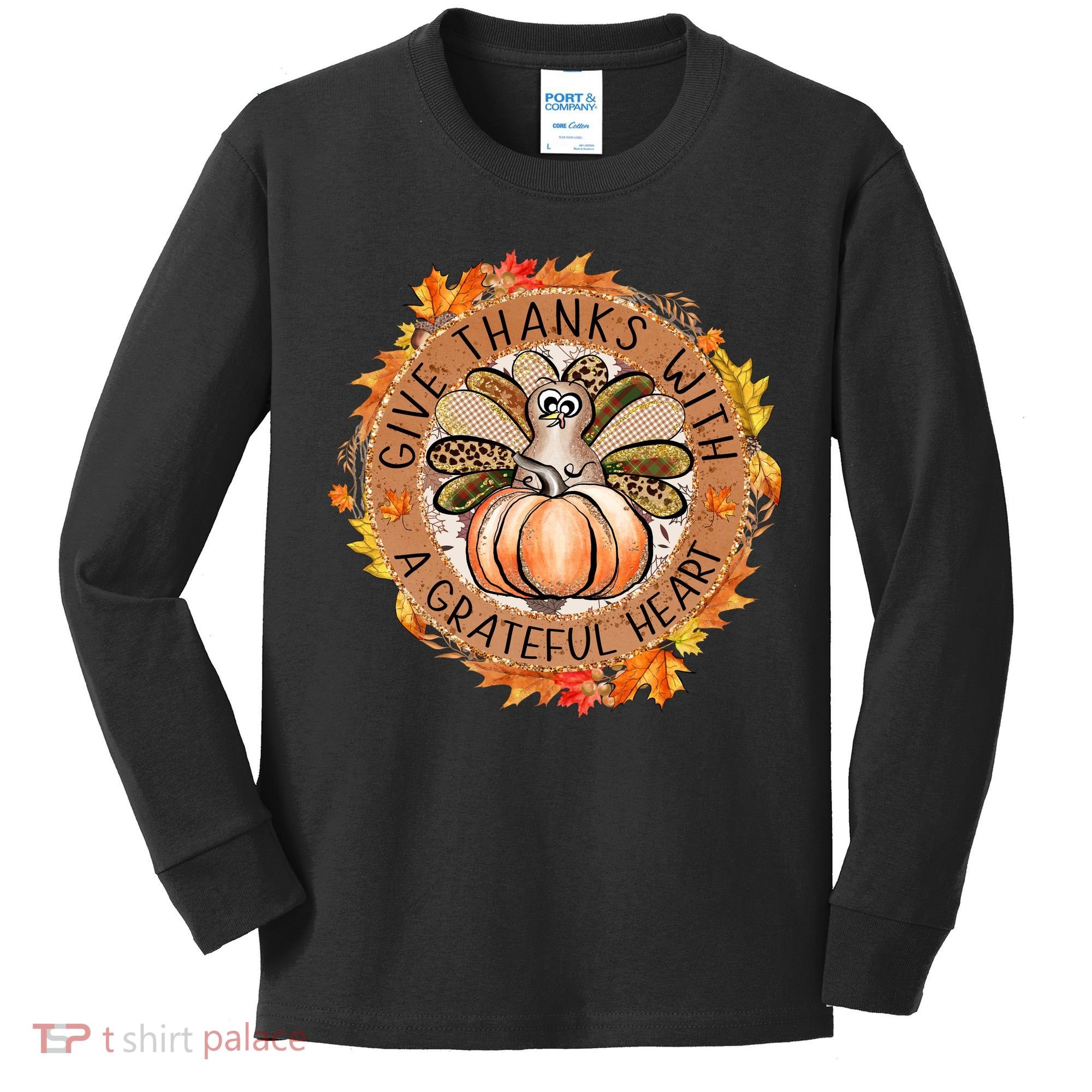 Give A Thanks With Grateful Heart Thanksgiving Thankful Turkey Kids Long Sleeve Shirt