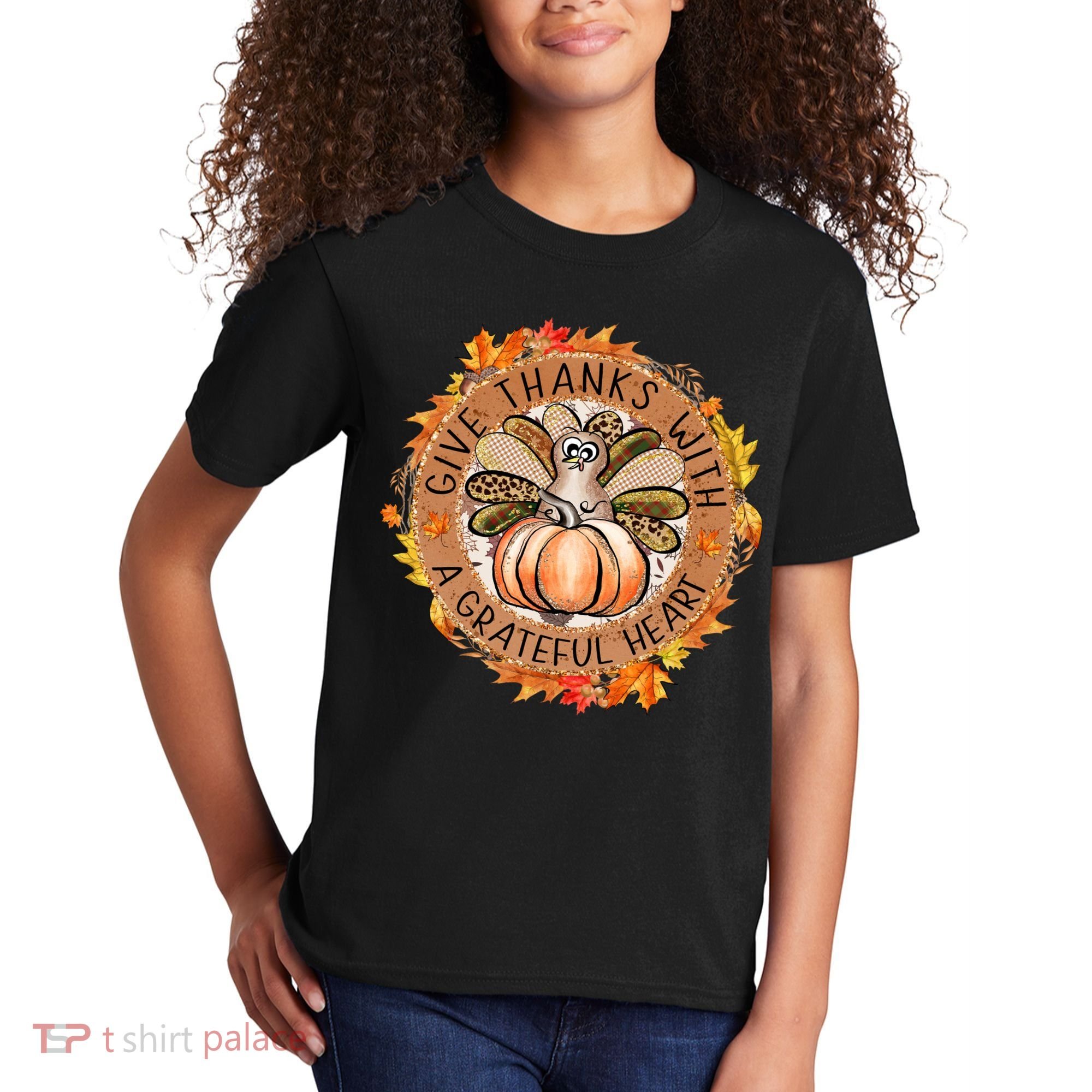 Give A Thanks With Grateful Heart Thanksgiving Thankful Turkey Kids T-Shirt