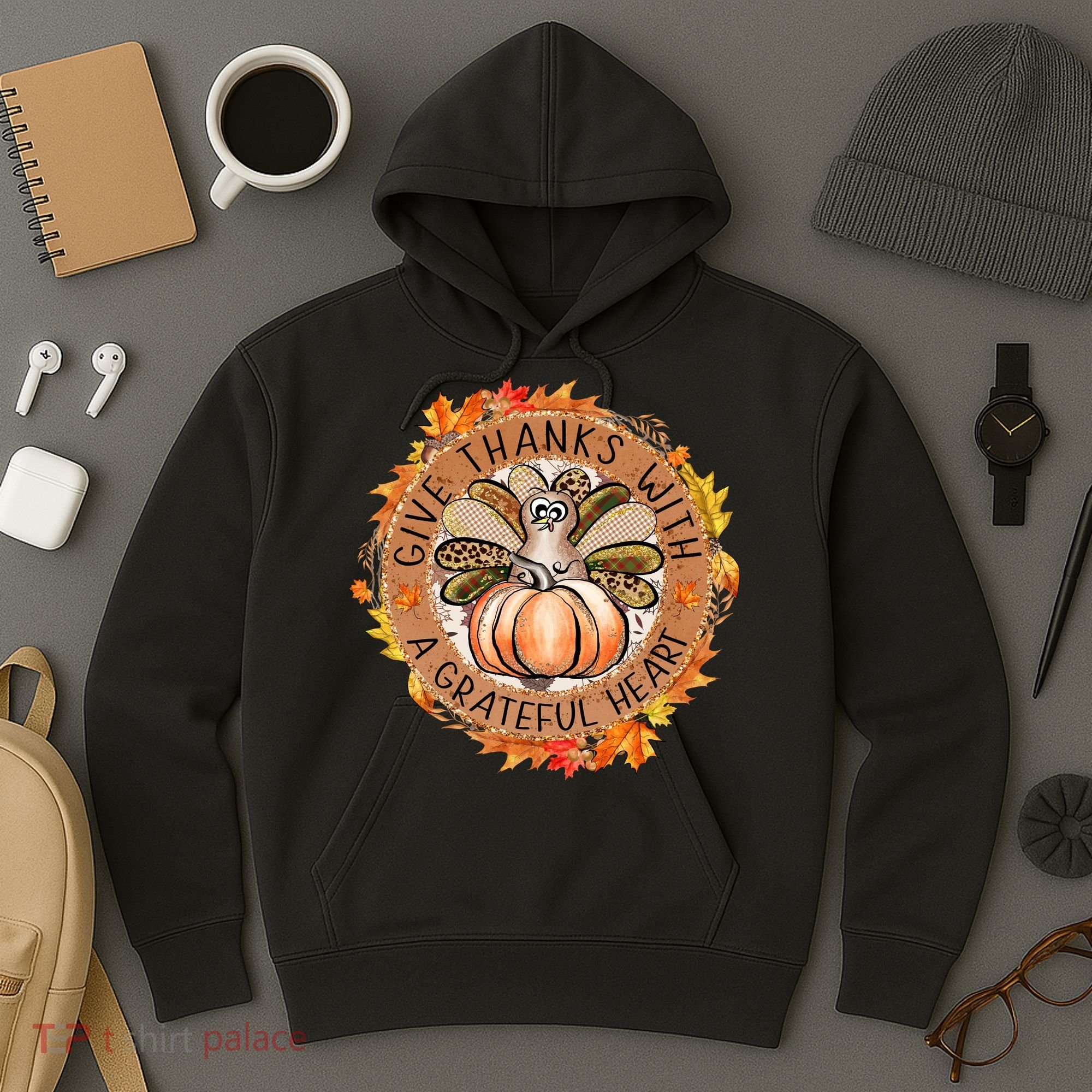 Give A Thanks With Grateful Heart Thanksgiving Thankful Turkey Hoodie