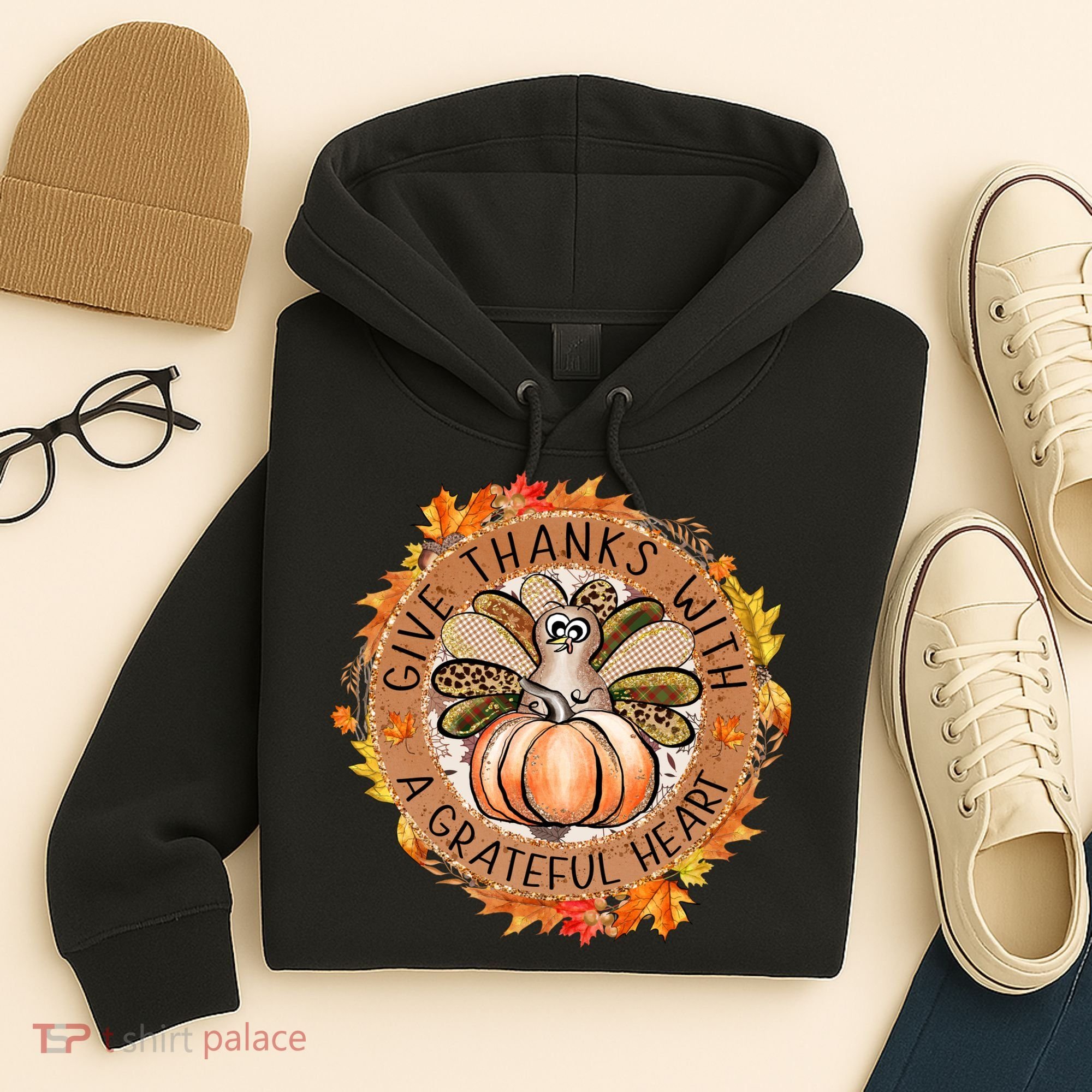 Give A Thanks With Grateful Heart Thanksgiving Thankful Turkey Hoodie