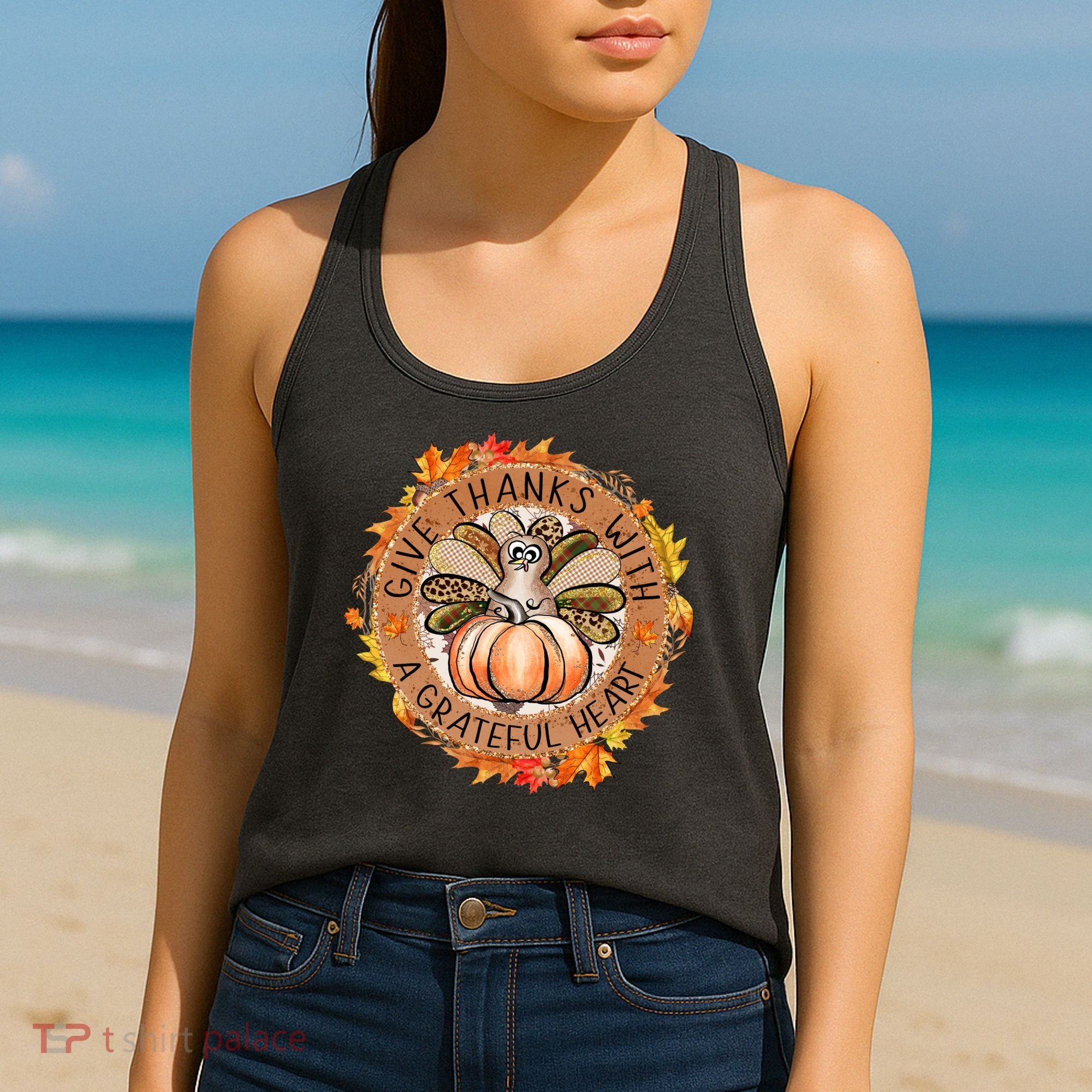 Give A Thanks With Grateful Heart Thanksgiving Thankful Turkey Women's Tank Top