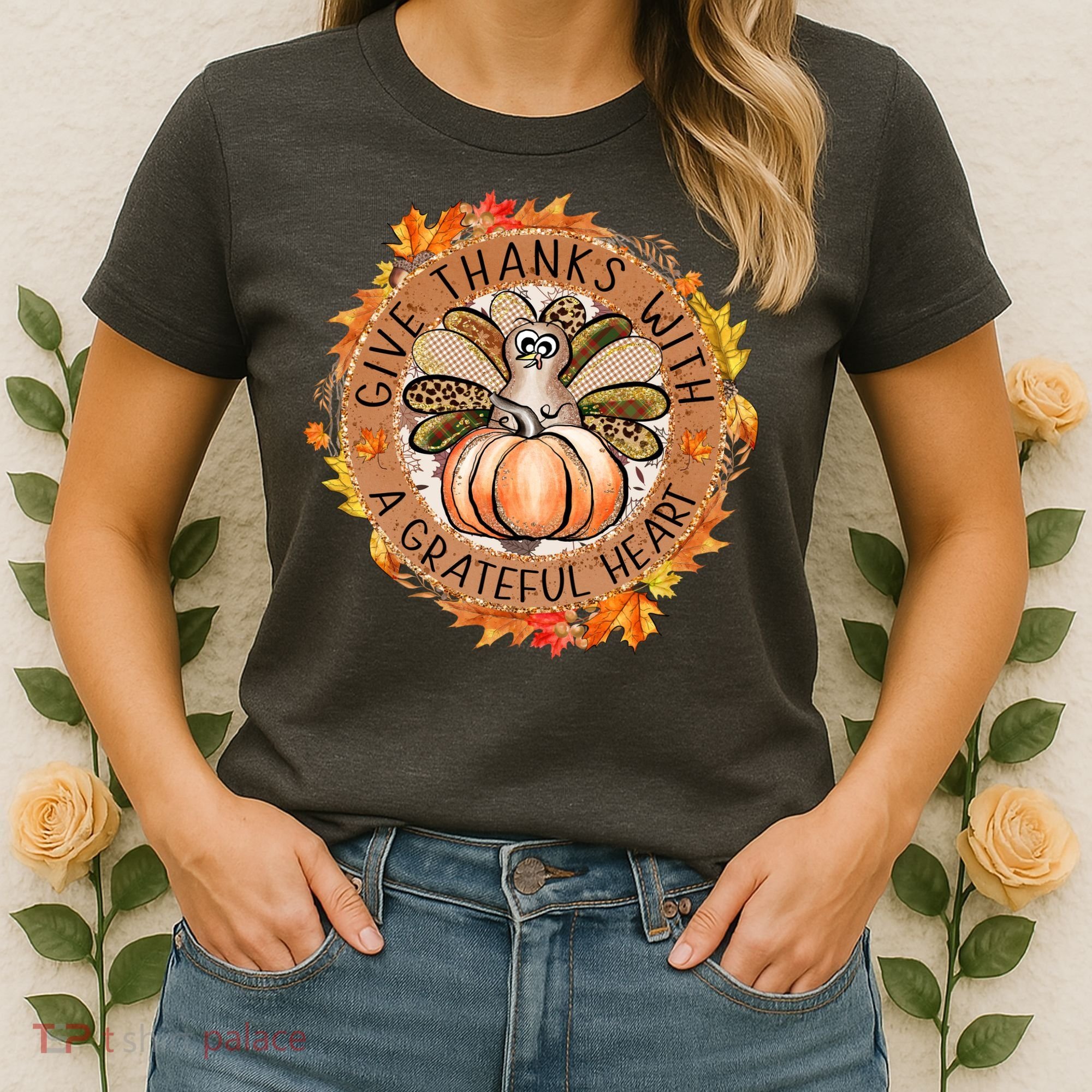 Give A Thanks With Grateful Heart Thanksgiving Thankful Turkey Women's T-Shirt