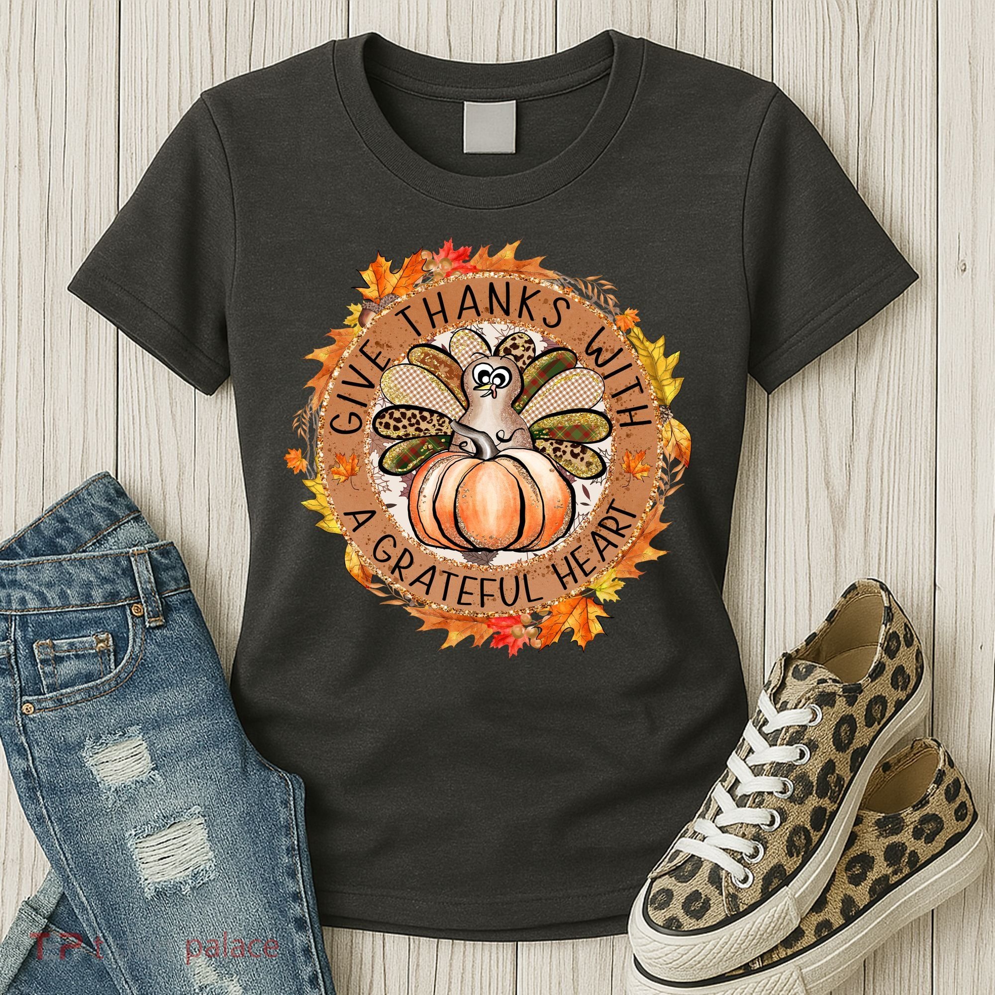 Give A Thanks With Grateful Heart Thanksgiving Thankful Turkey Women's T-Shirt