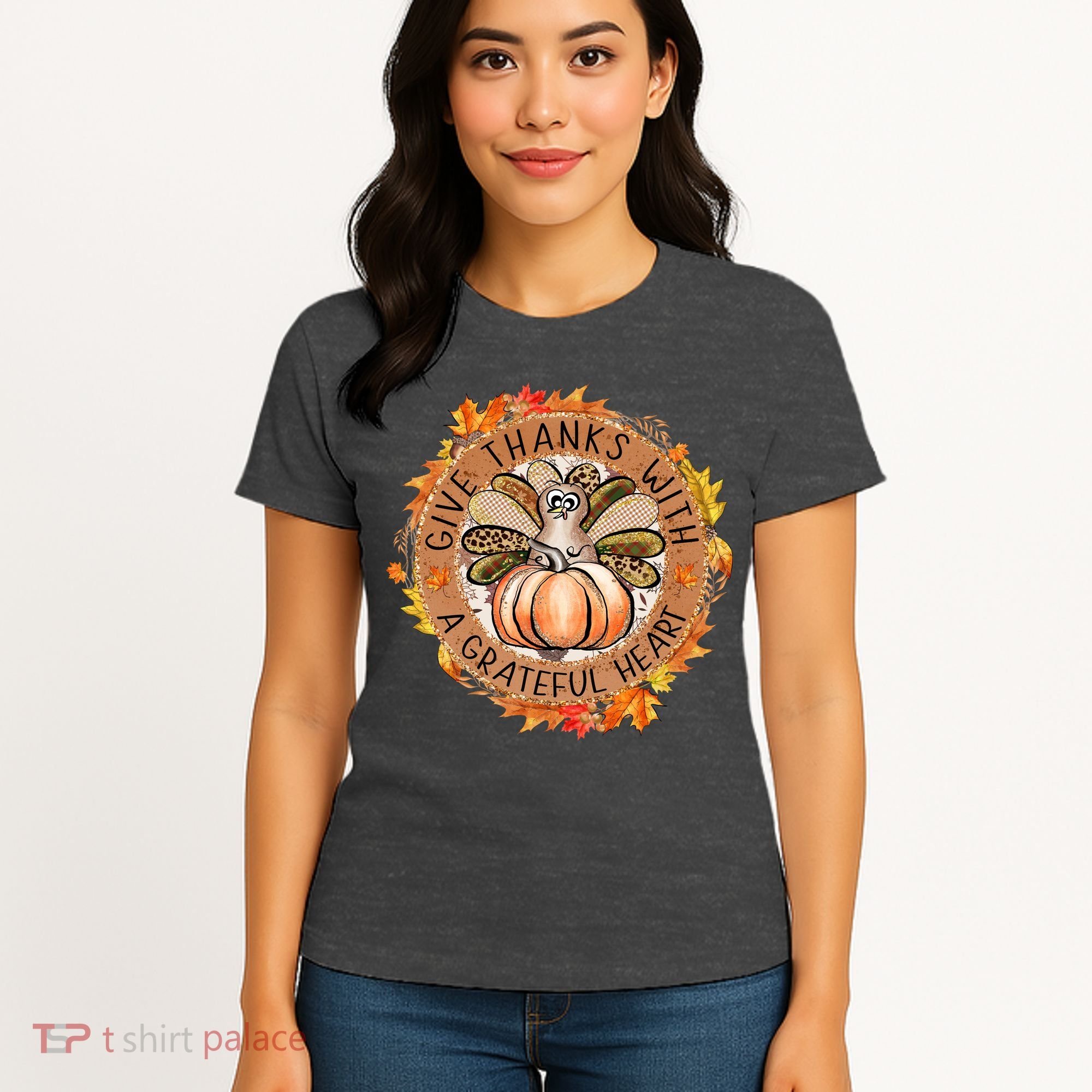 Give A Thanks With Grateful Heart Thanksgiving Thankful Turkey Women's T-Shirt