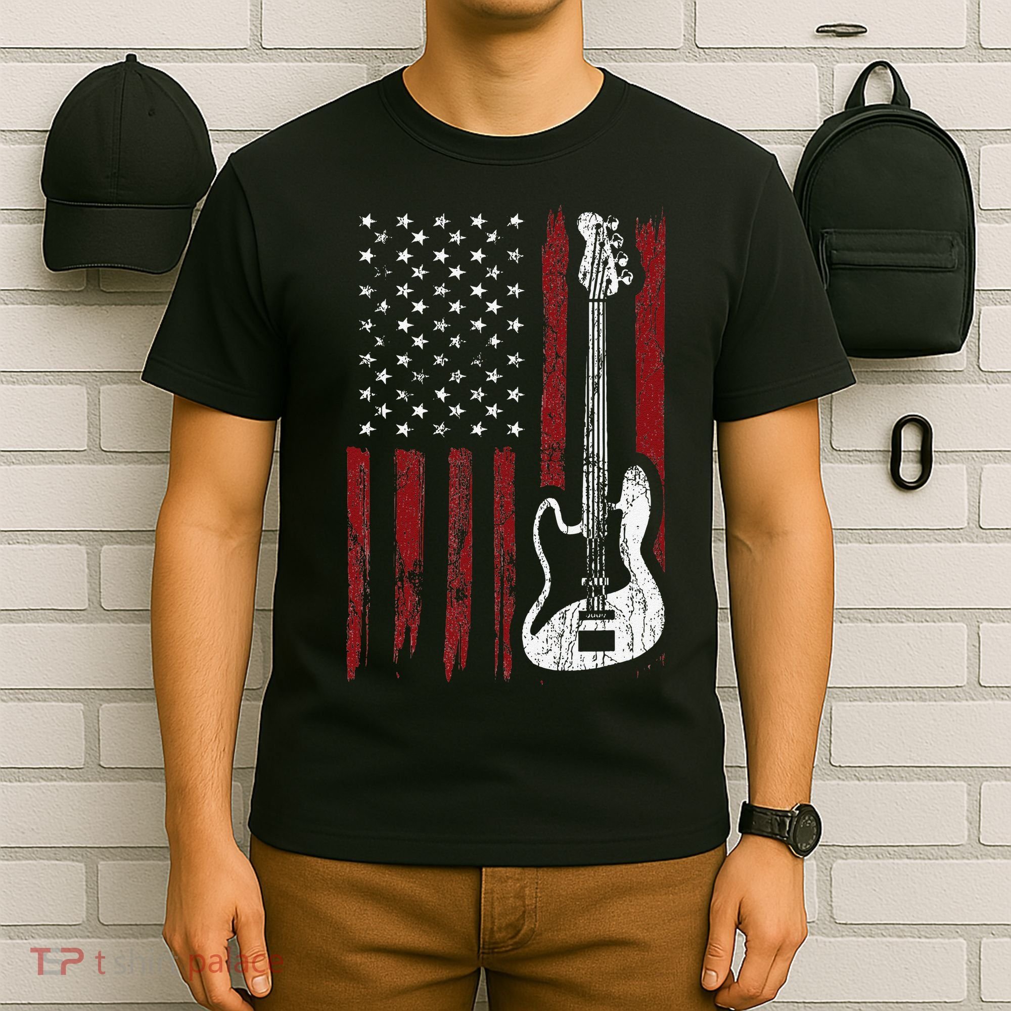 Guitar American US Flag Music Player Electric Guitarist T-Shirt