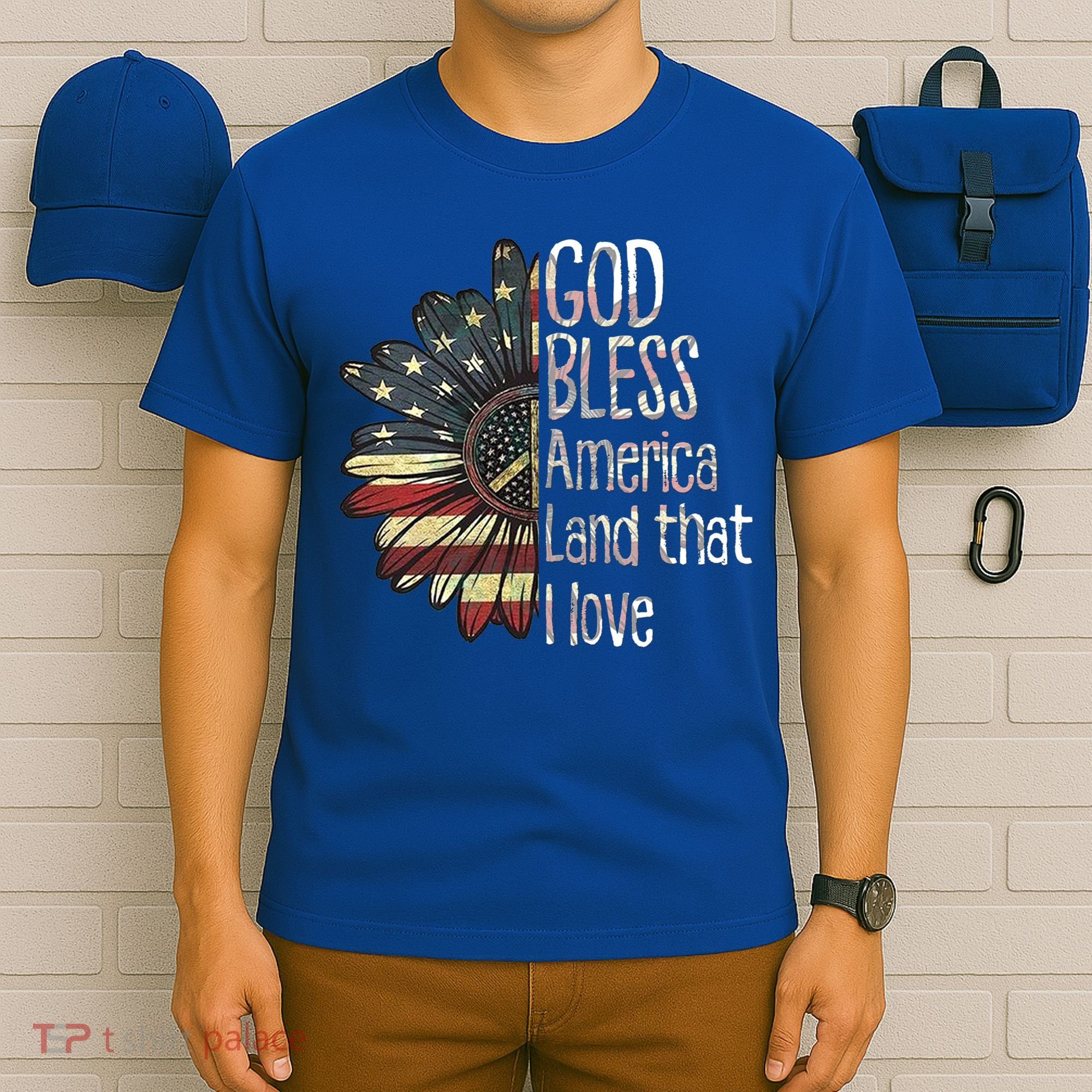 God Bless America Land That I Love Usa Flag Flower Patriotic Gift T-Shirt