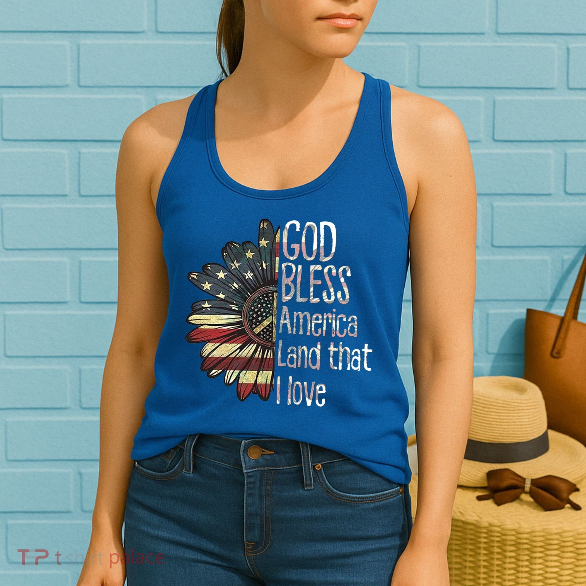 God Bless America Land That I Love Usa Flag Flower Patriotic Gift Women's Tank Top