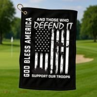 God Bless America Support Our Troops Veterans American Flag Meaningful Gift Golf Towel thumb 1