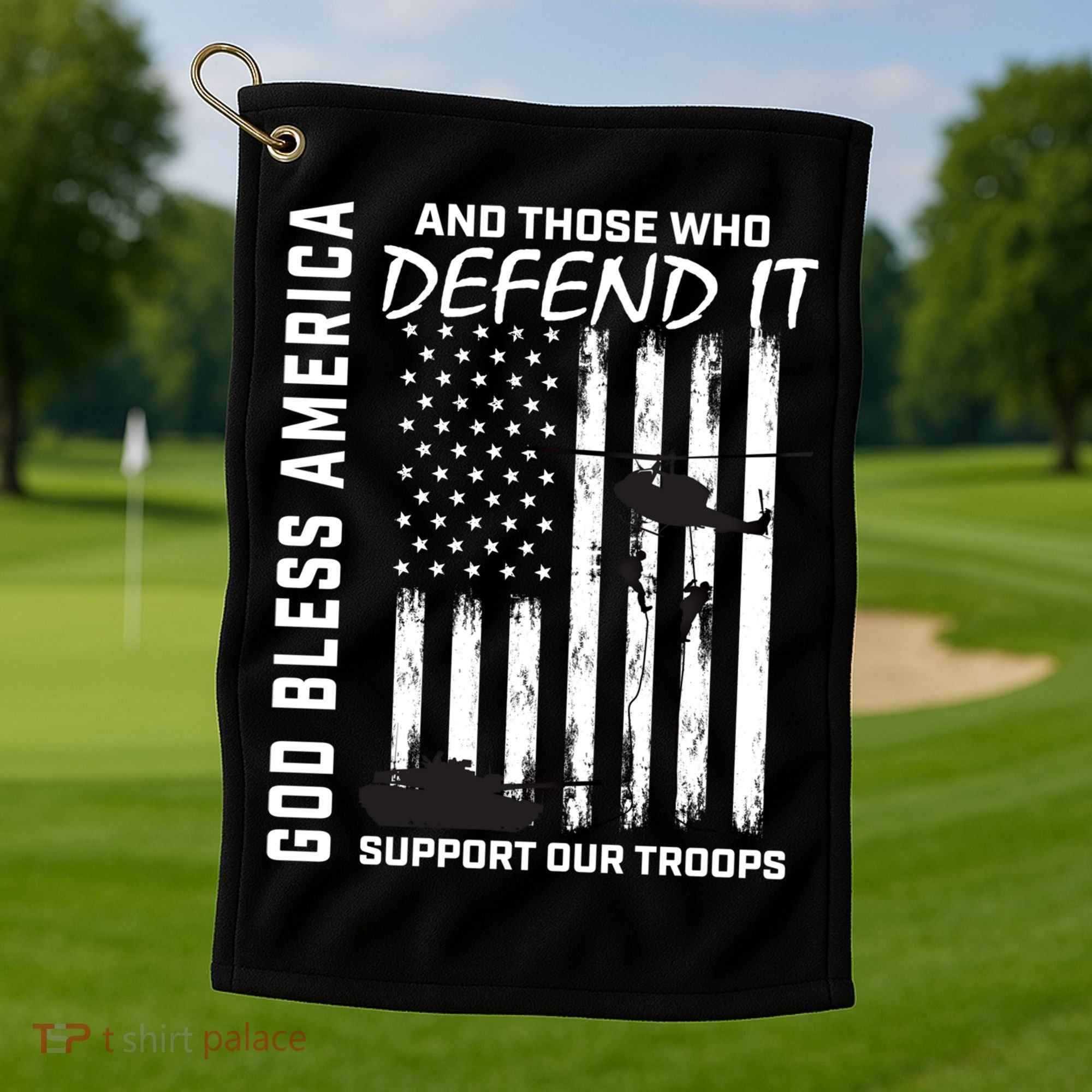 God Bless America Support Our Troops Veterans American Flag Meaningful Gift Golf Towel