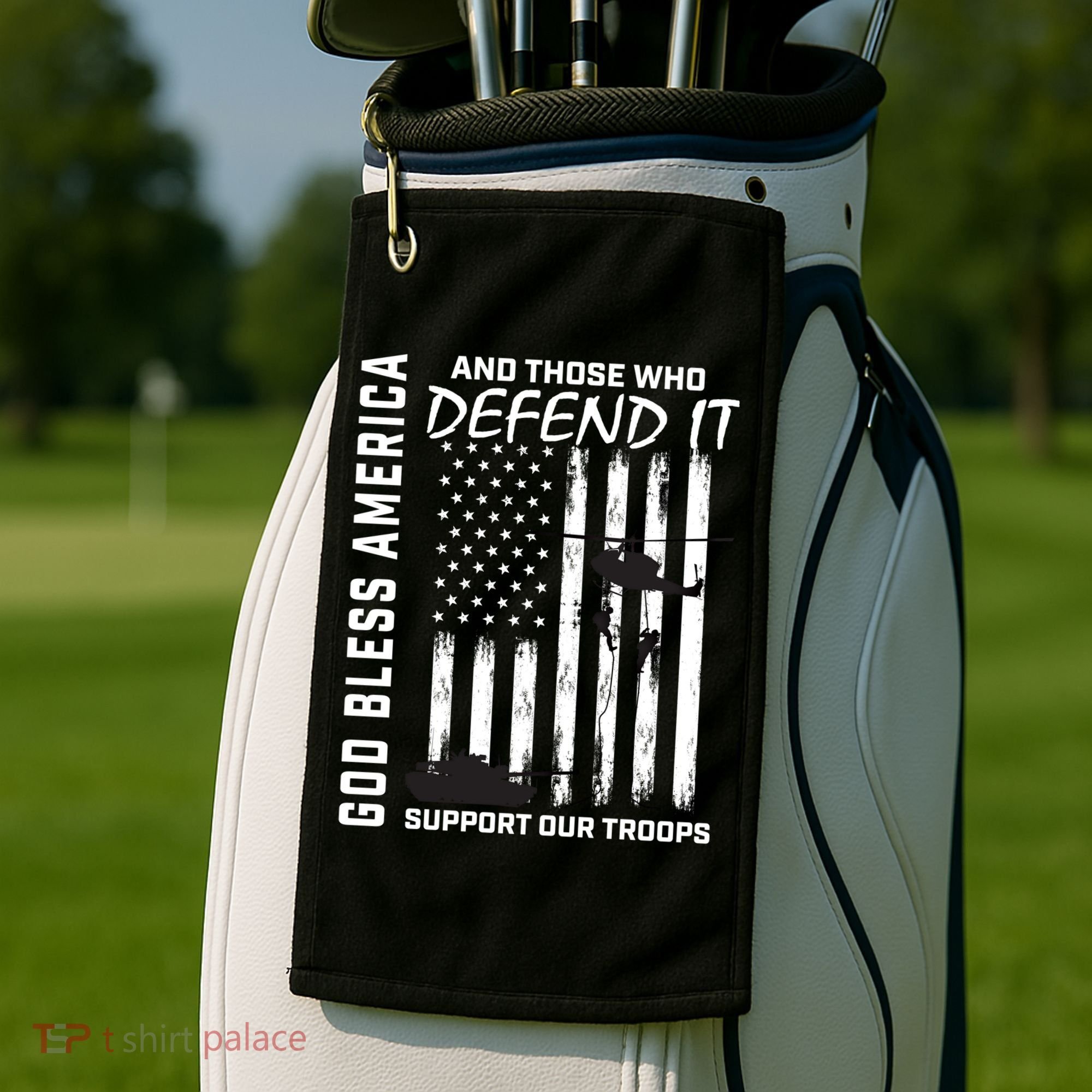 God Bless America Support Our Troops Veterans American Flag Meaningful Gift Golf Towel