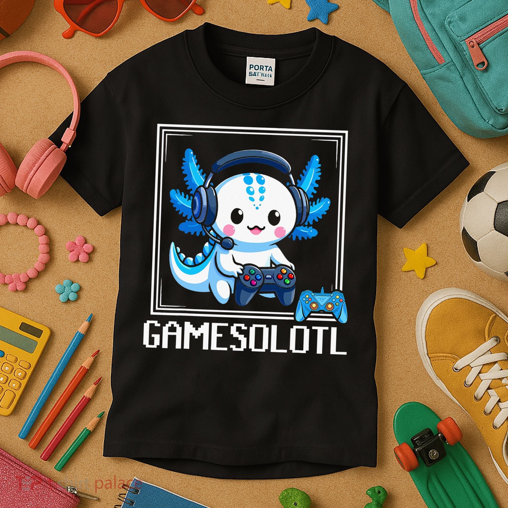 Gamesolotl Blue Axolotl Gaming Video Game Kids T-Shirt