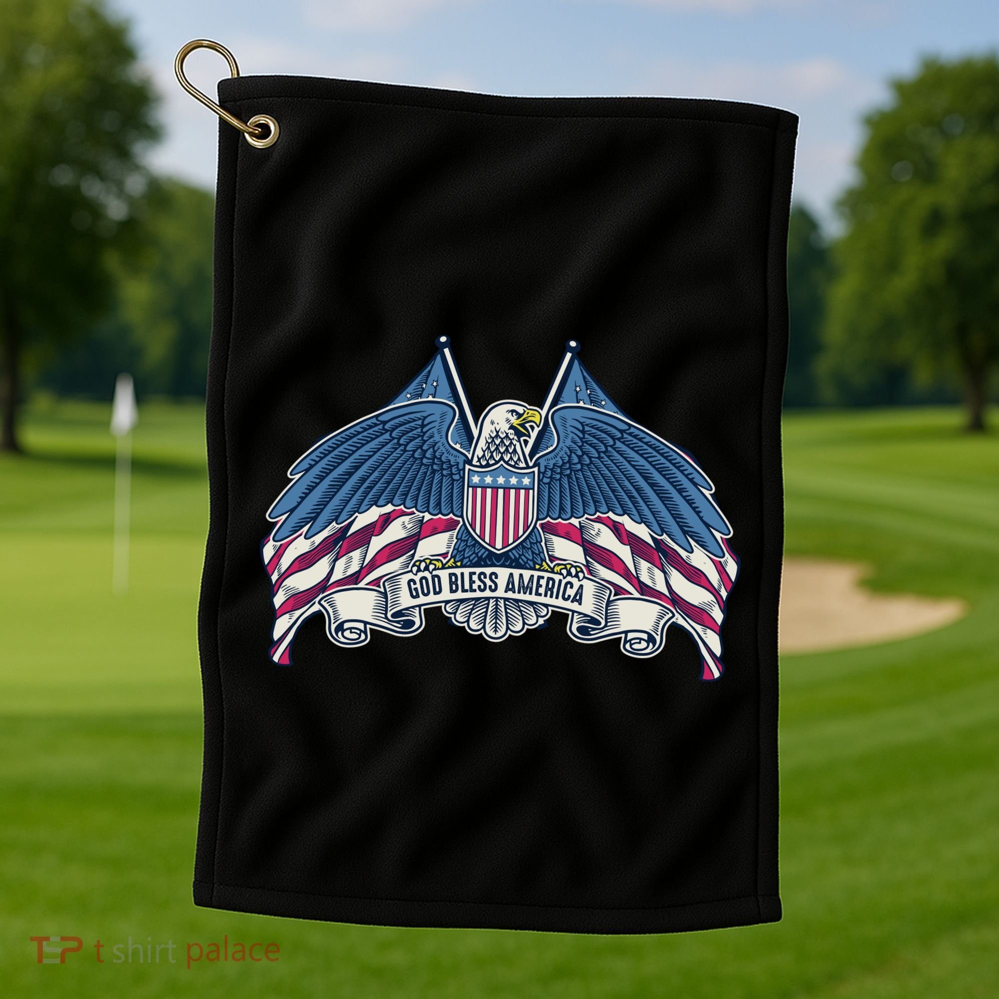 God Bless America Patriotic American Eagle USA Flag Golf Towel