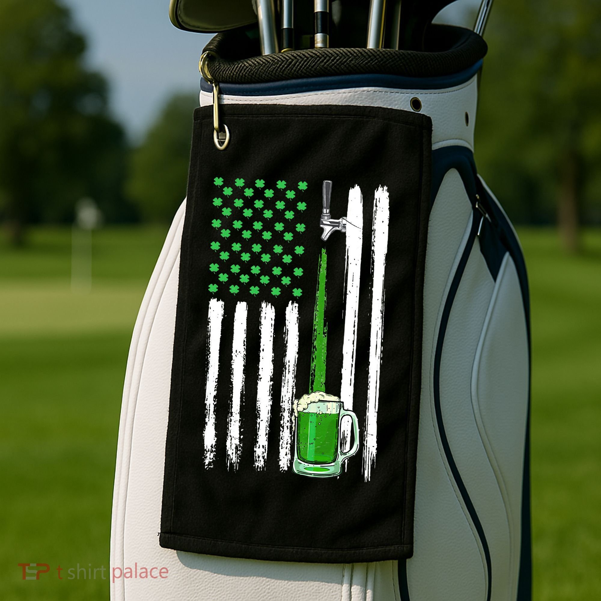 Green Beer American Flag Happy St Patrick's Day Golf Towel