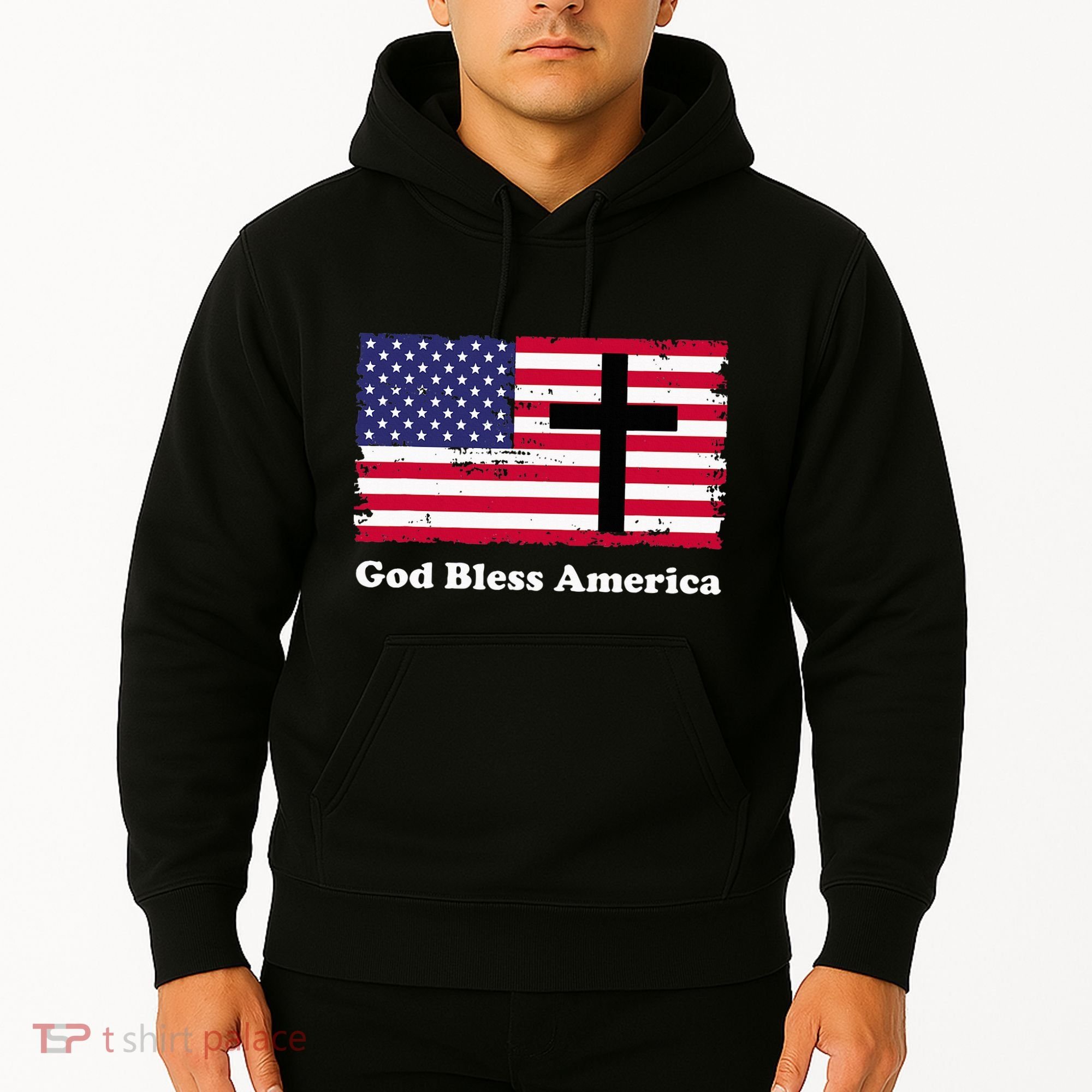 God Bless America Patriotic Flag With Cross Hoodie