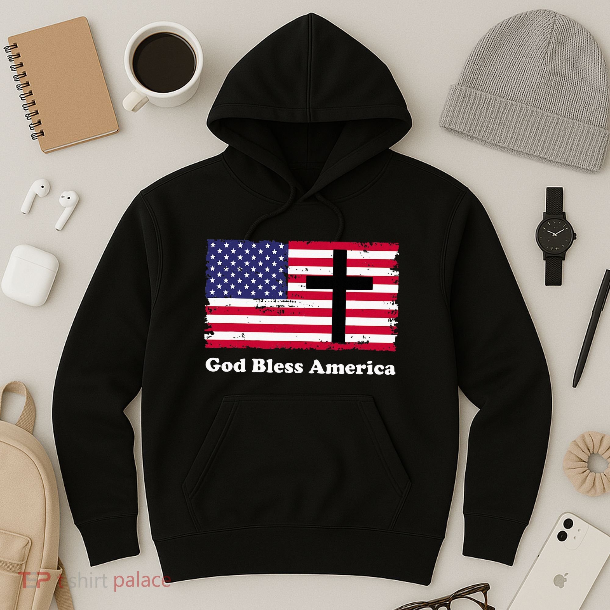 God Bless America Patriotic Flag With Cross Hoodie