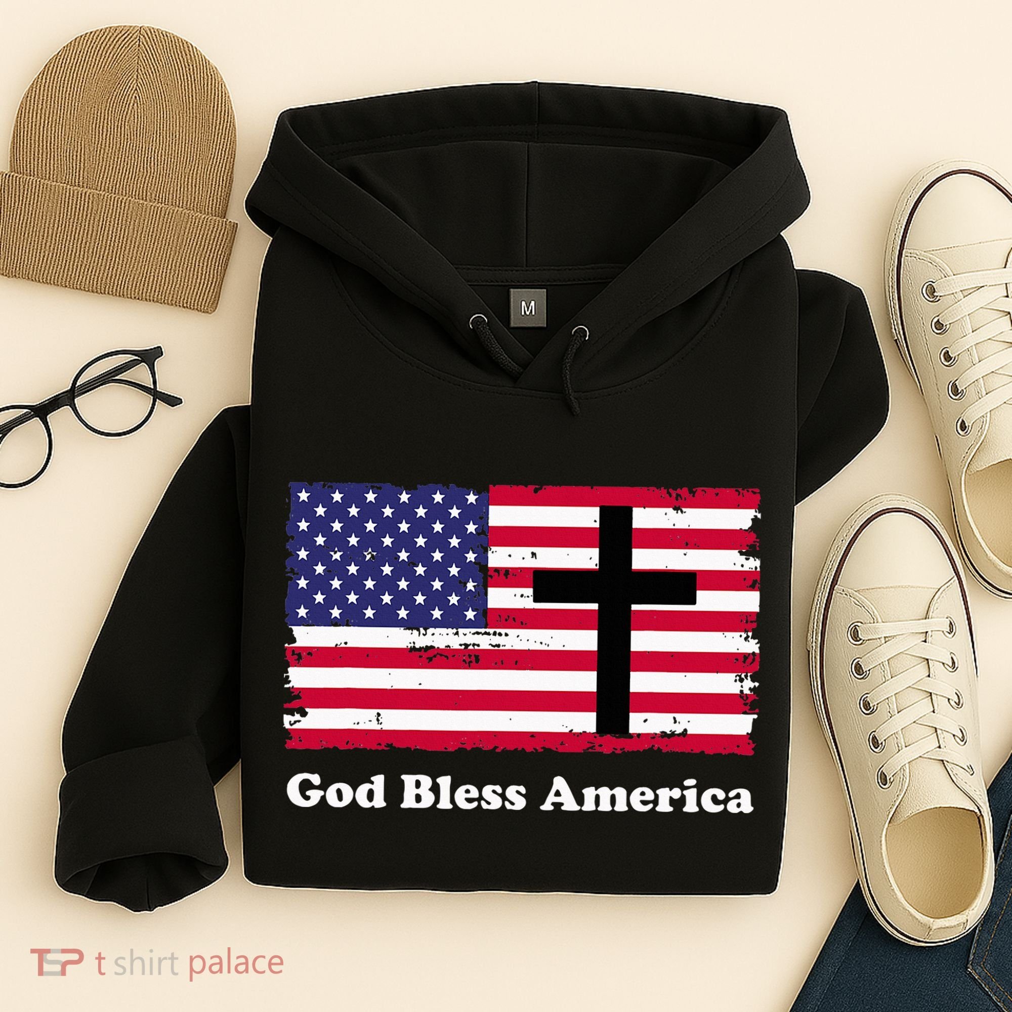 God Bless America Patriotic Flag With Cross Hoodie