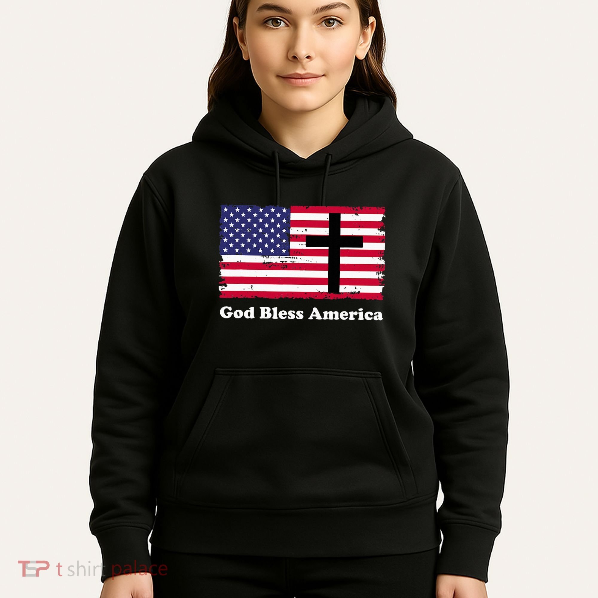 God Bless America Patriotic Flag With Cross Hoodie
