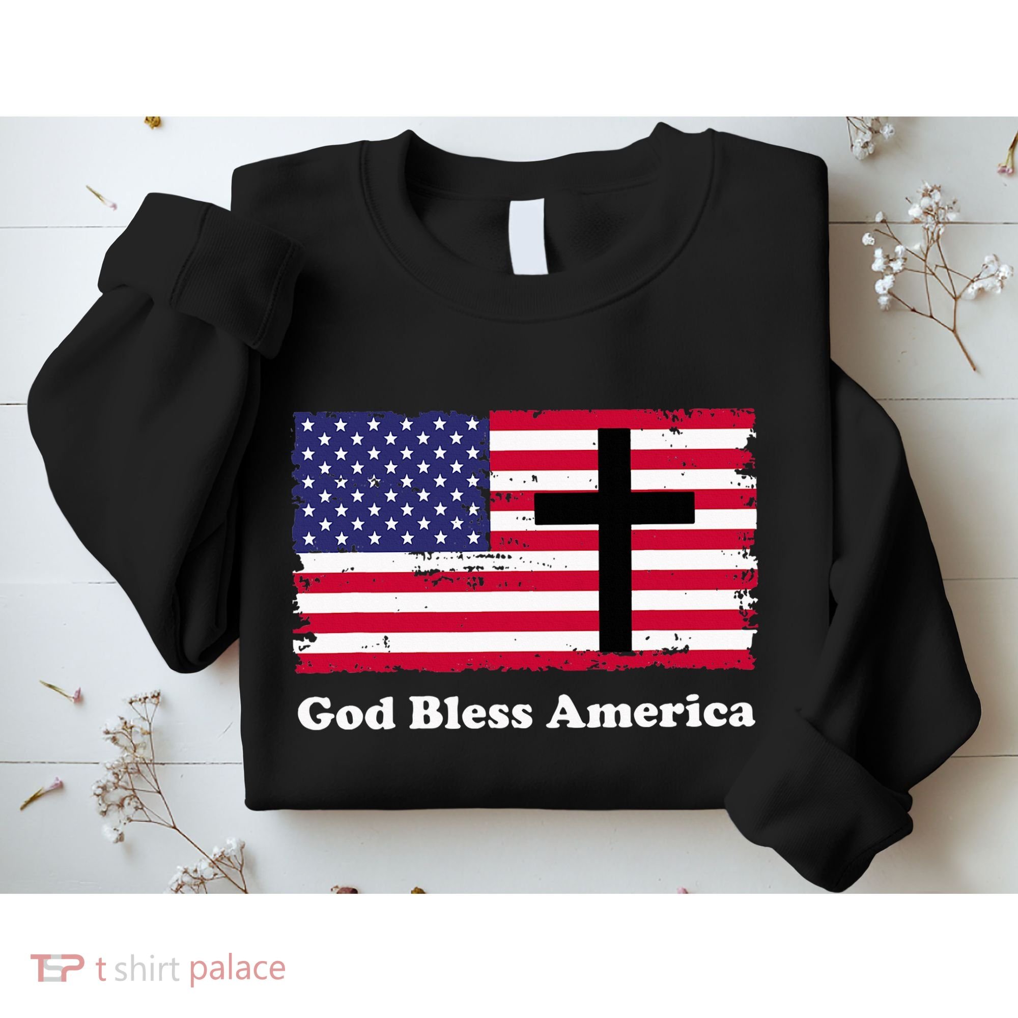 God Bless America Patriotic Flag With Cross Sweatshirt
