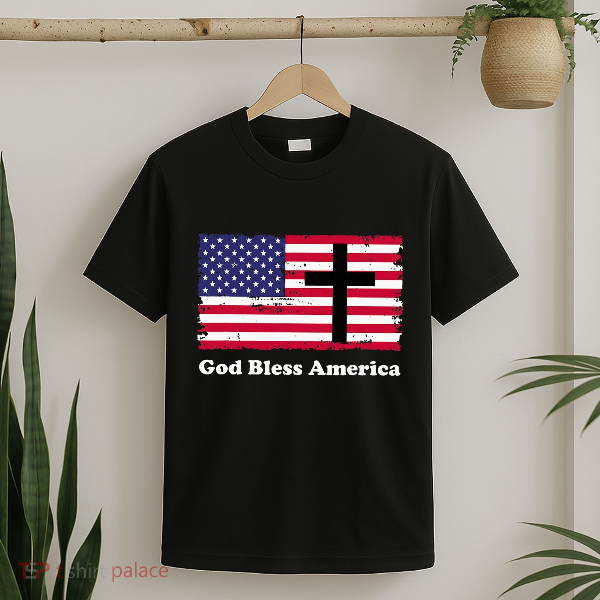 God Bless America Patriotic Flag With Cross T-Shirt