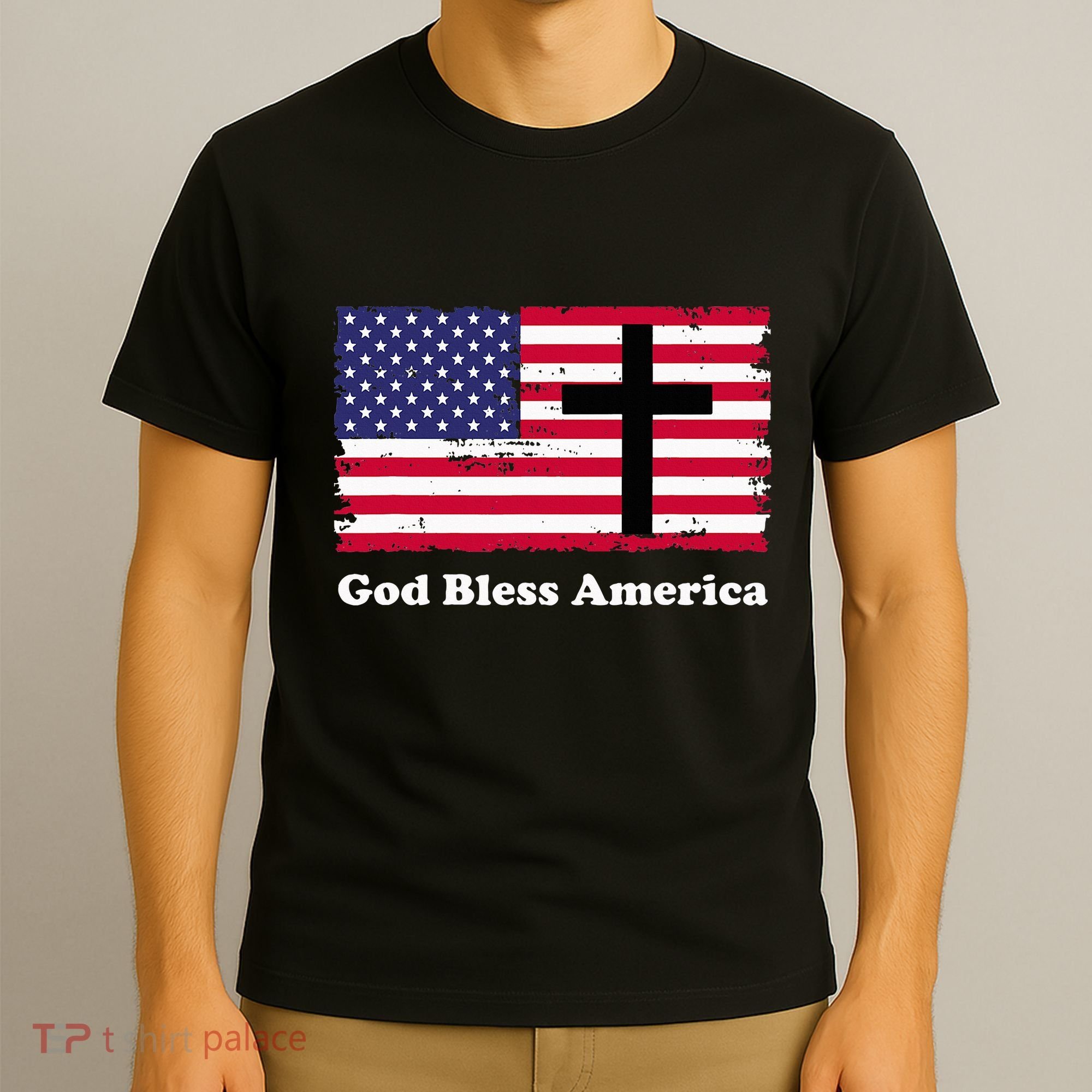 God Bless America Patriotic Flag With Cross T-Shirt