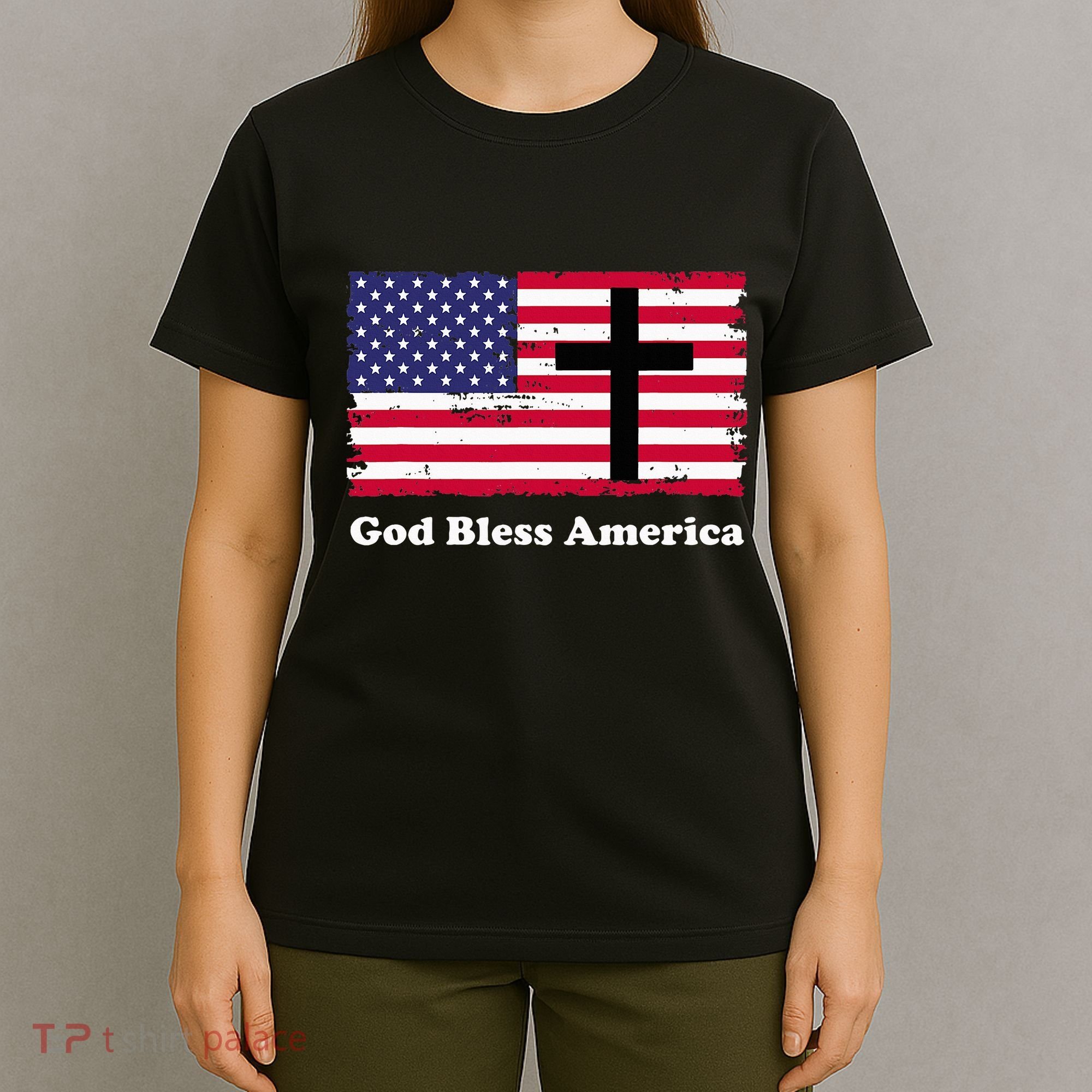 God Bless America Patriotic Flag With Cross T-Shirt