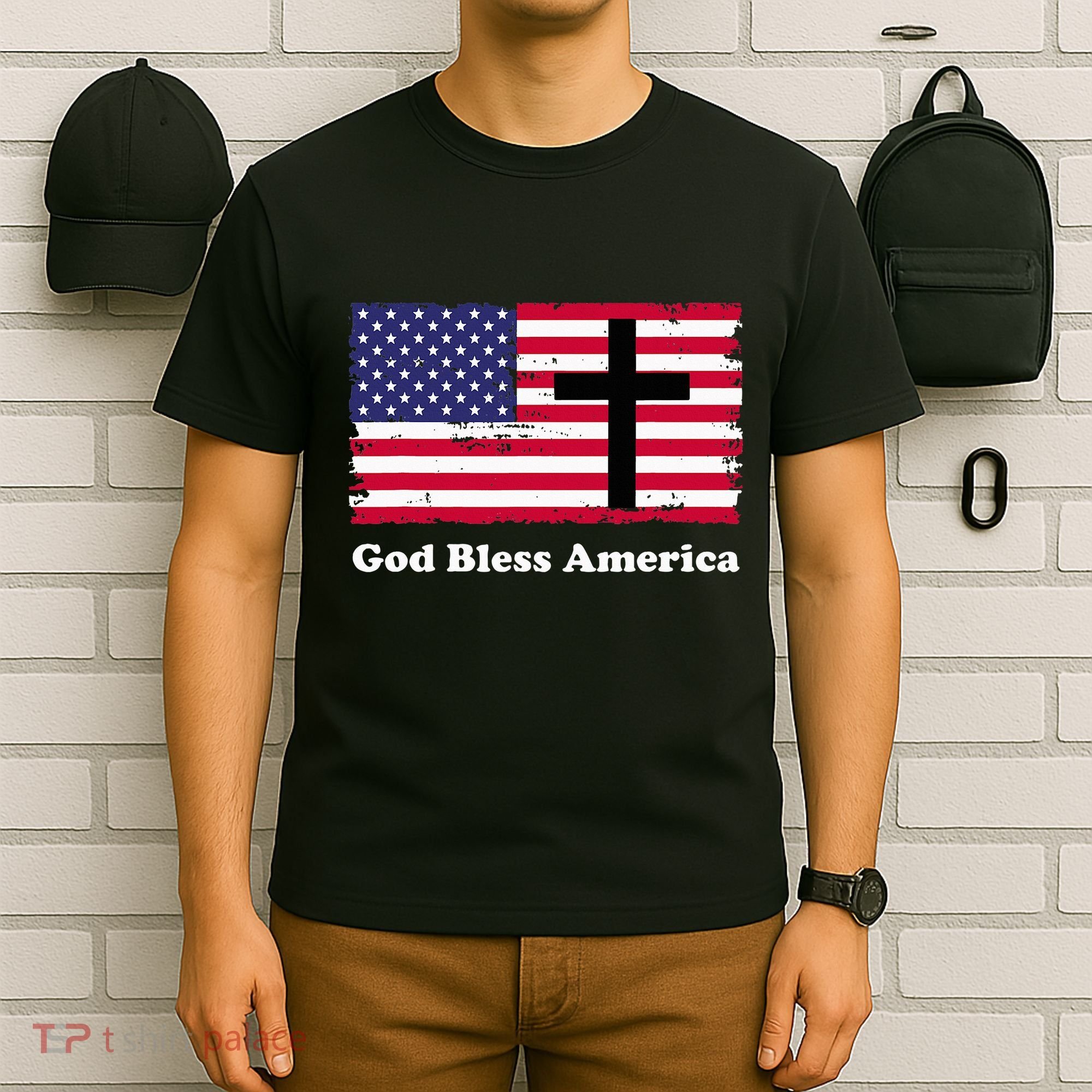 God Bless America Patriotic Flag With Cross T-Shirt
