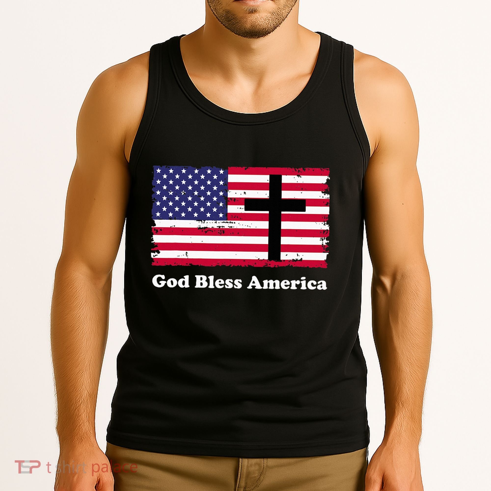 God Bless America Patriotic Flag With Cross Tank Top