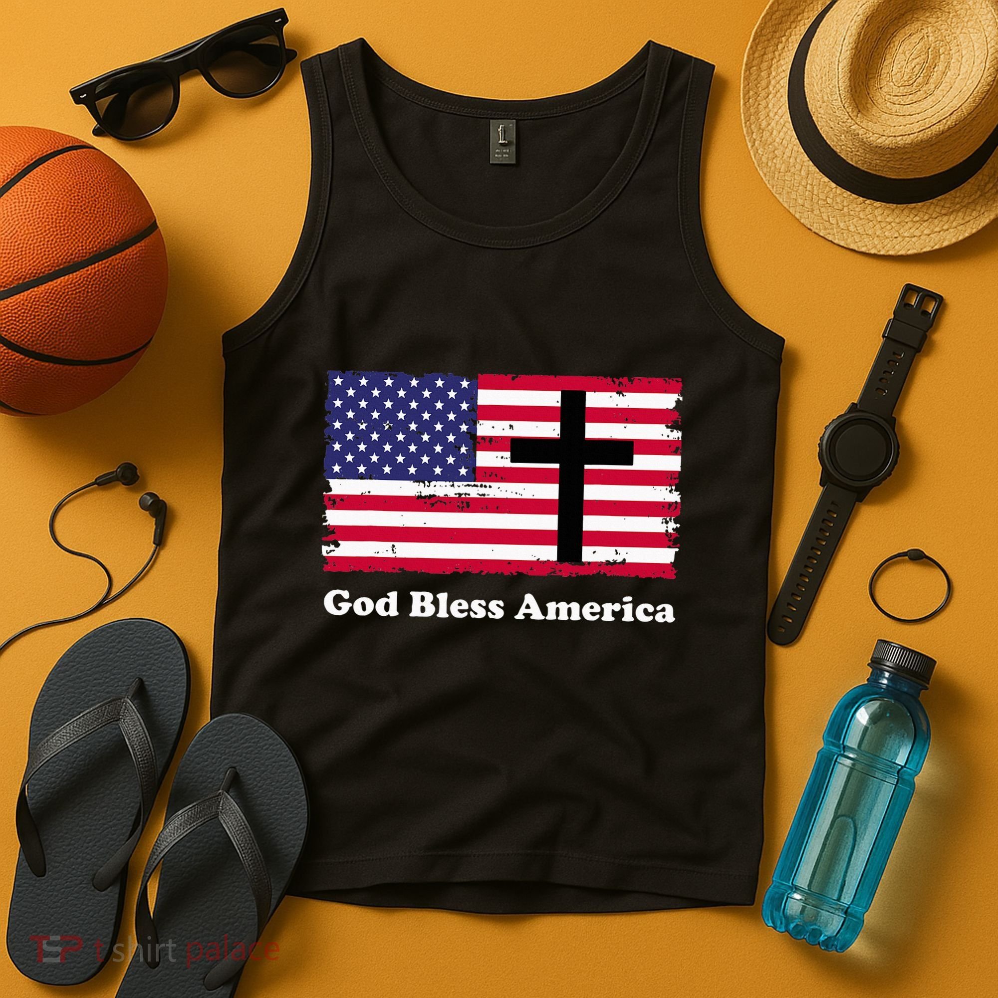 God Bless America Patriotic Flag With Cross Tank Top