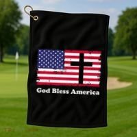 God Bless America Patriotic Flag With Cross Golf Towel thumb 1