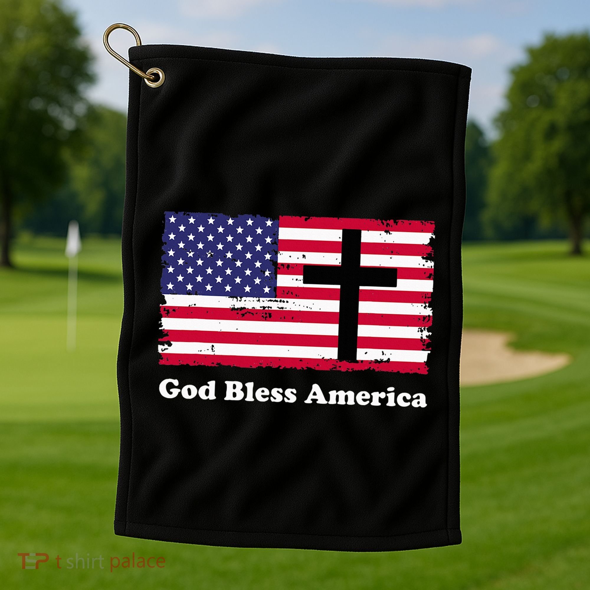 God Bless America Patriotic Flag With Cross Golf Towel