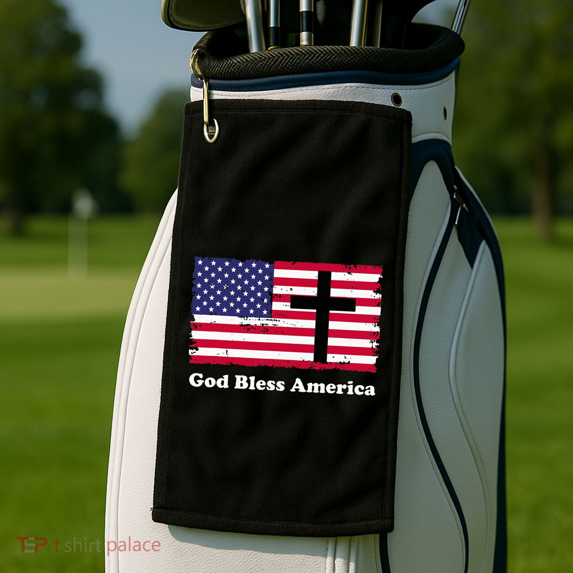 God Bless America Patriotic Flag With Cross Golf Towel