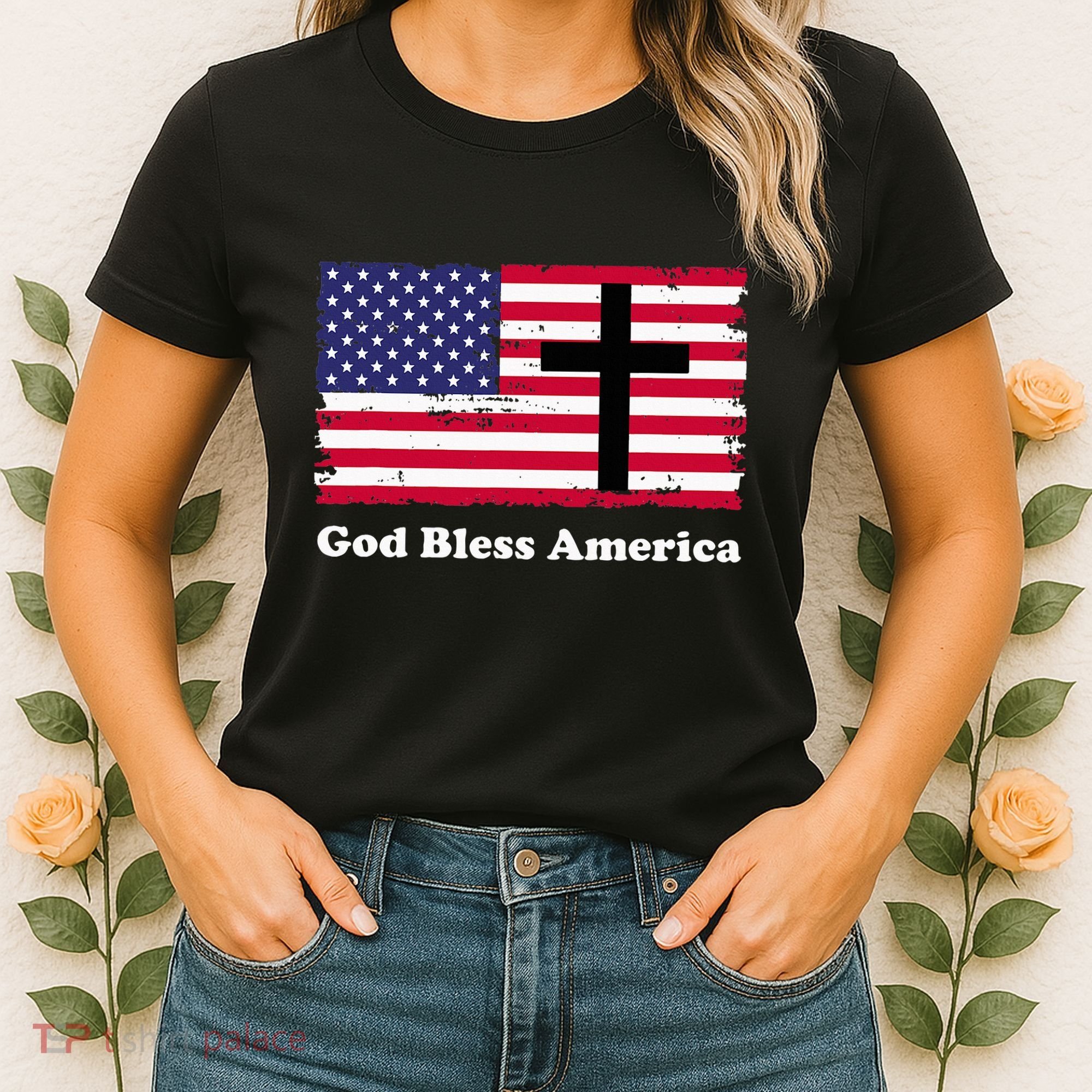 God Bless America Patriotic Flag With Cross Women's T-Shirt