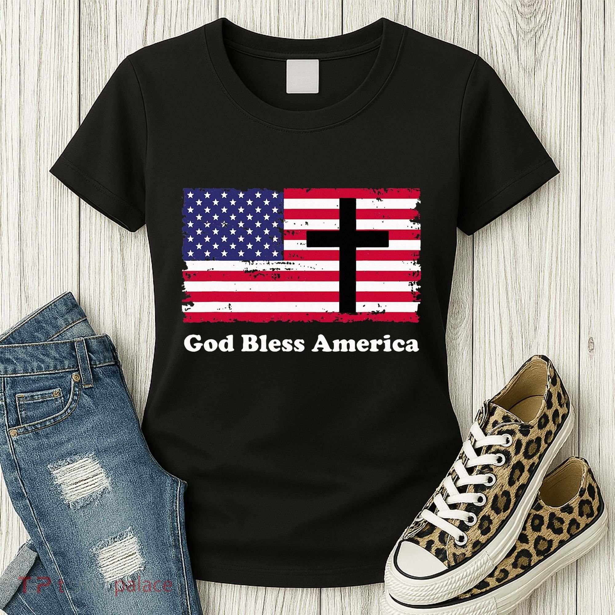 God Bless America Patriotic Flag With Cross Women's T-Shirt