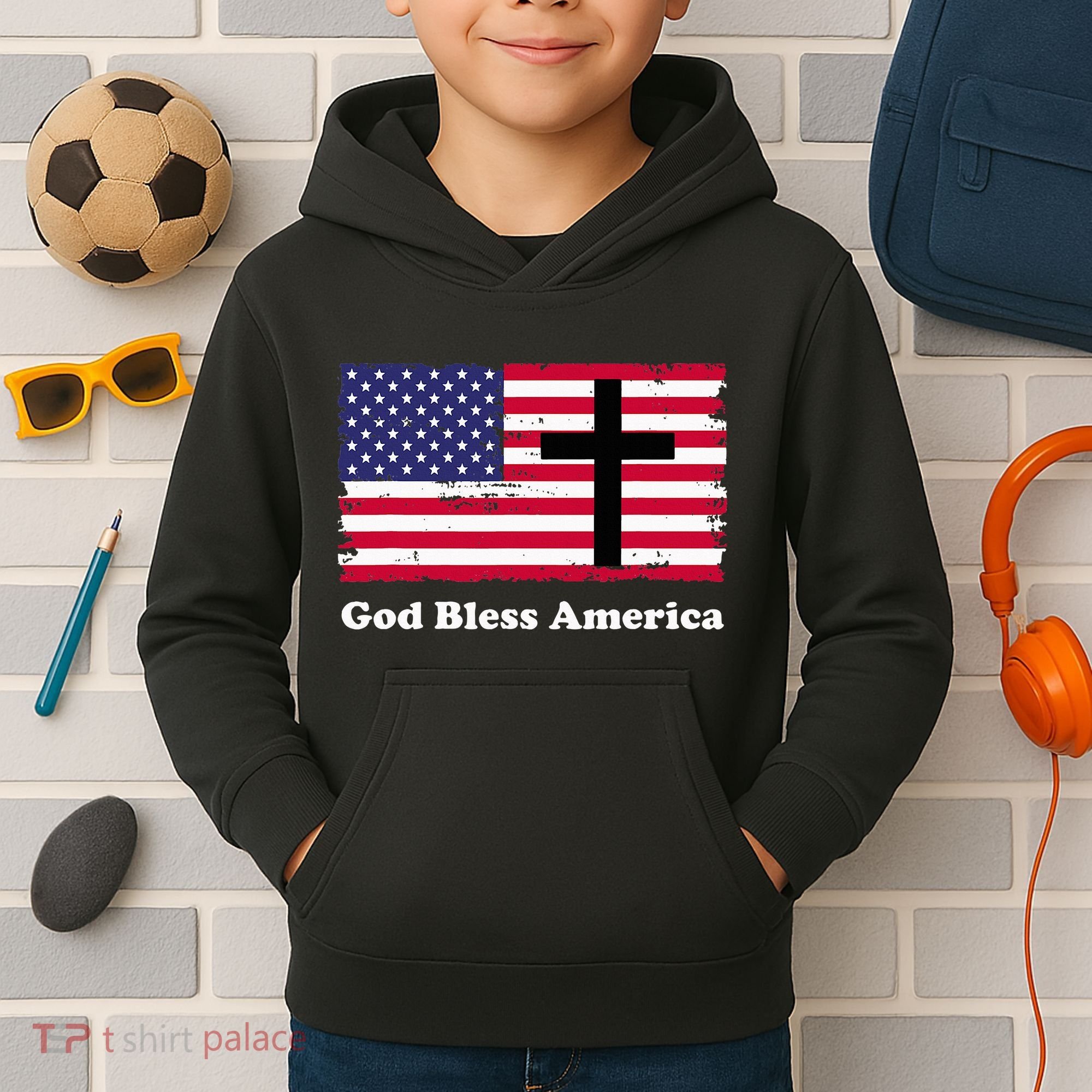 God Bless America Patriotic Flag With Cross Kids Hoodie