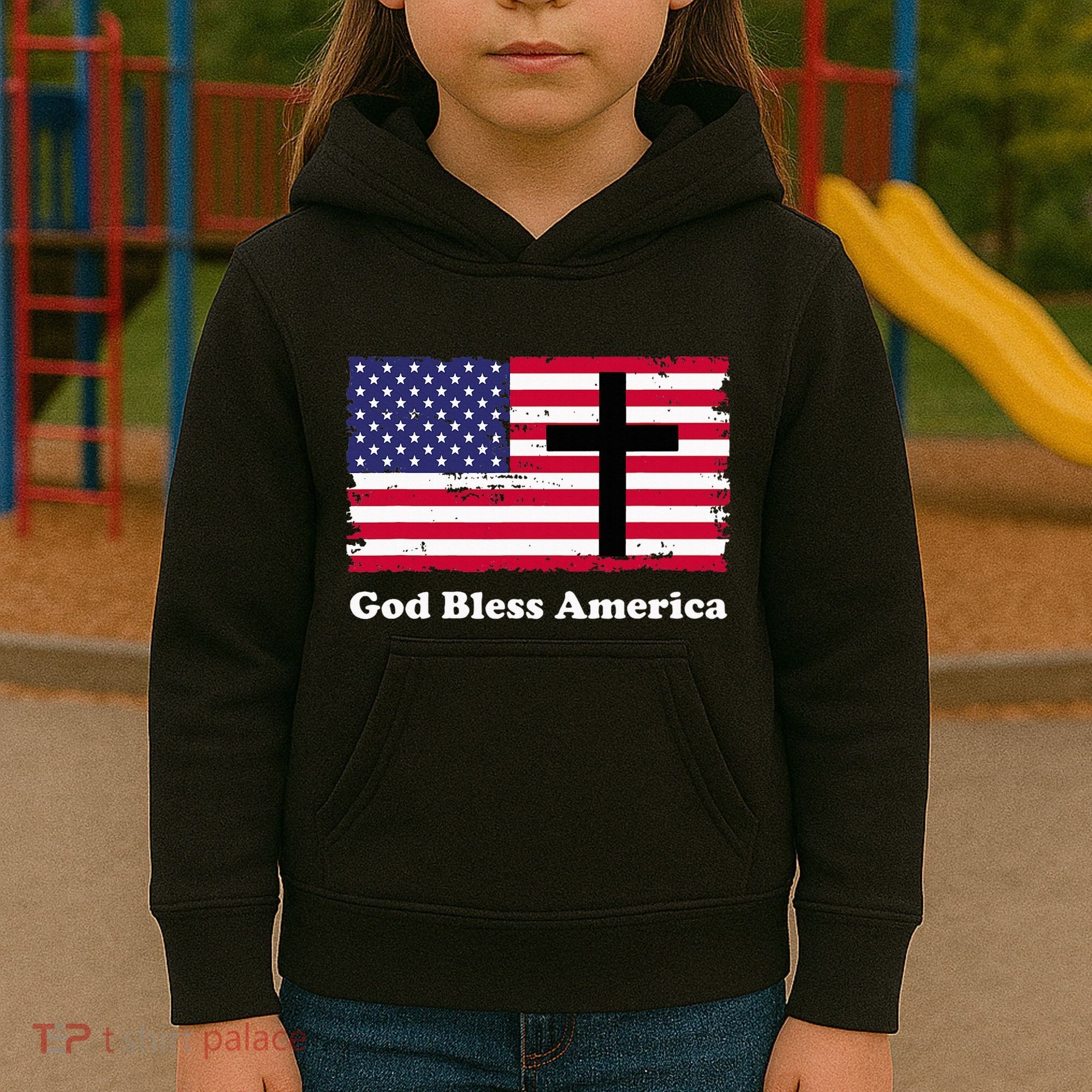 God Bless America Patriotic Flag With Cross Kids Hoodie