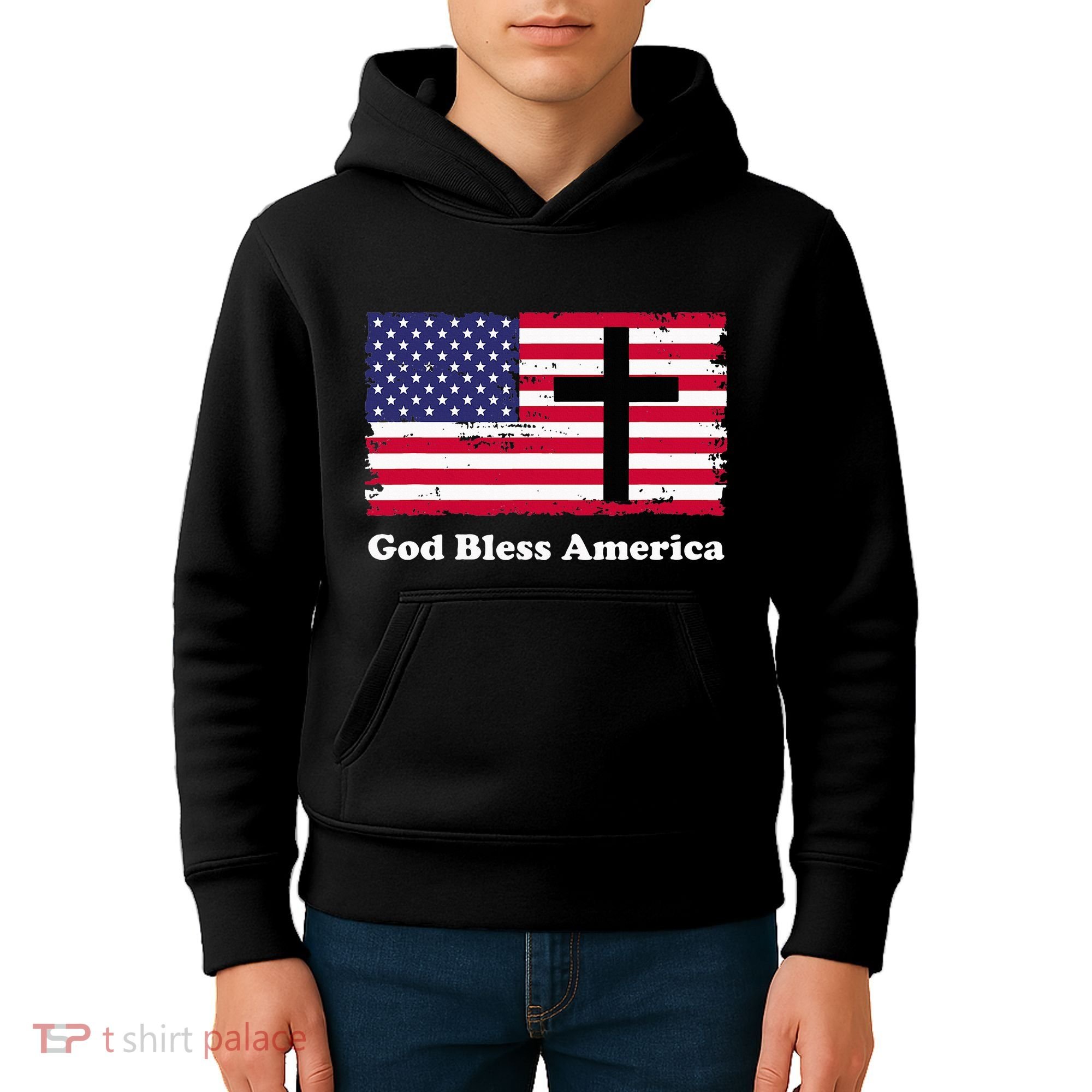 God Bless America Patriotic Flag With Cross Kids Hoodie