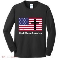 God Bless America Patriotic Flag With Cross Kids Long Sleeve Shirt thumb 0