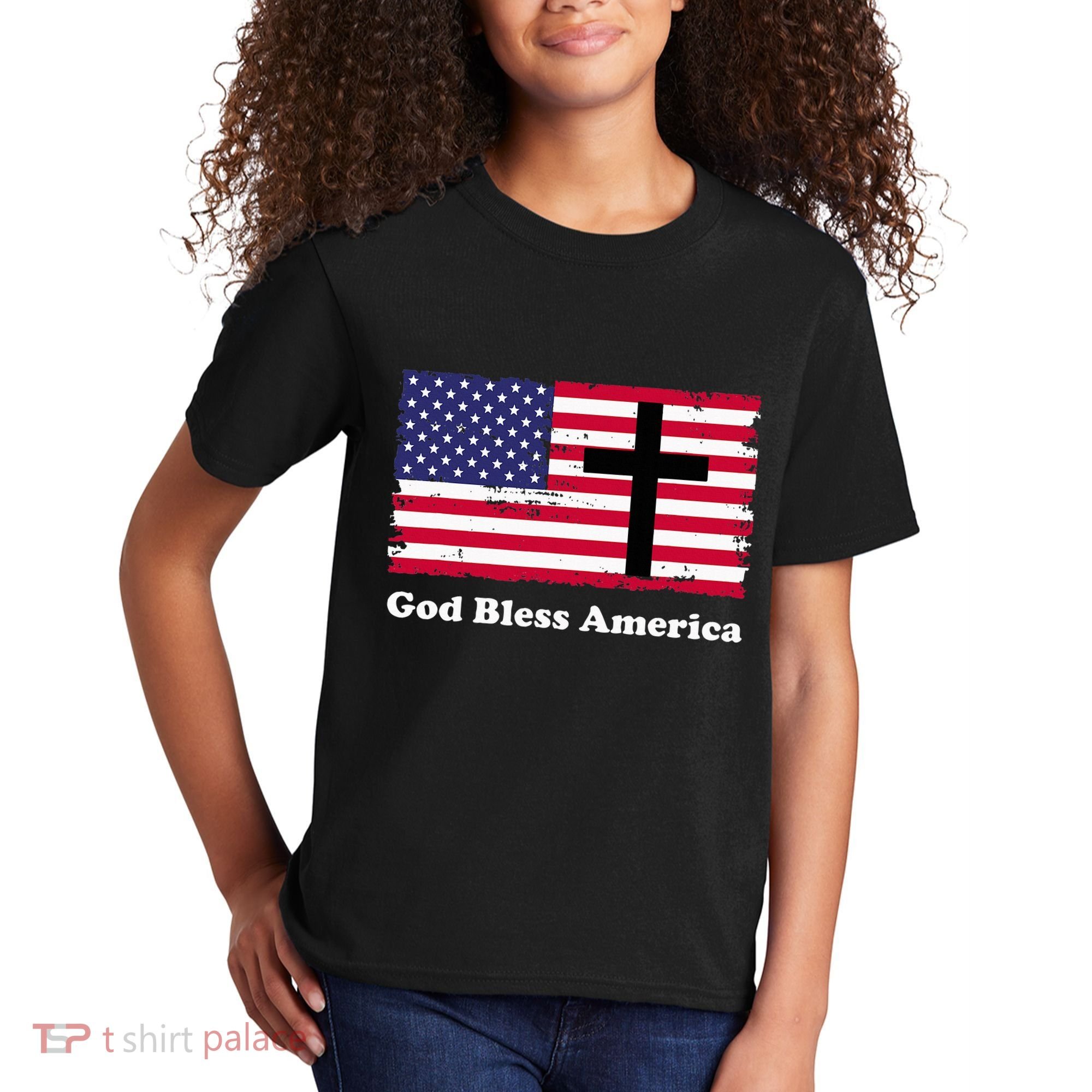 God Bless America Patriotic Flag With Cross Kids T-Shirt