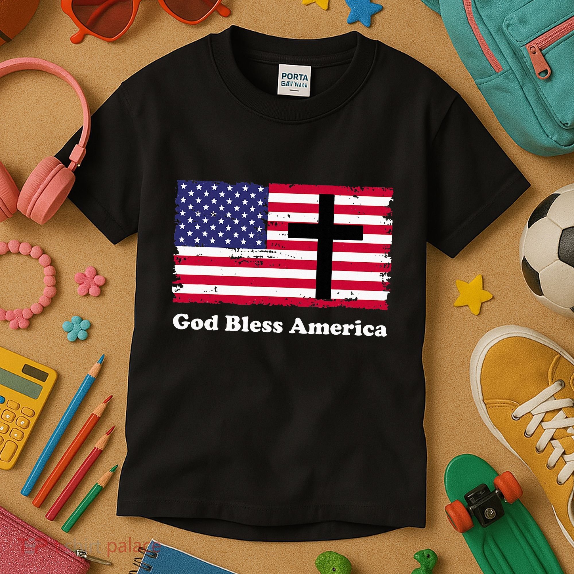 God Bless America Patriotic Flag With Cross Kids T-Shirt